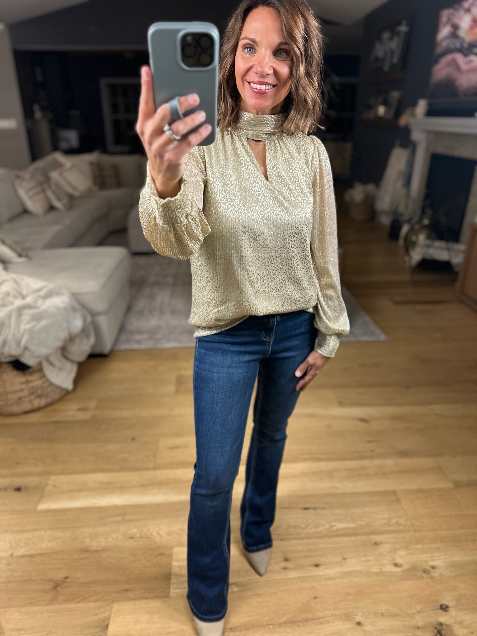 Sweetest Dreams Keyhole Long Sleeve Top - Gold-Long Sleeves-Skies Are Blue-Anna Kaytes Boutique, Women's Fashion Boutique in Grinnell, Iowa