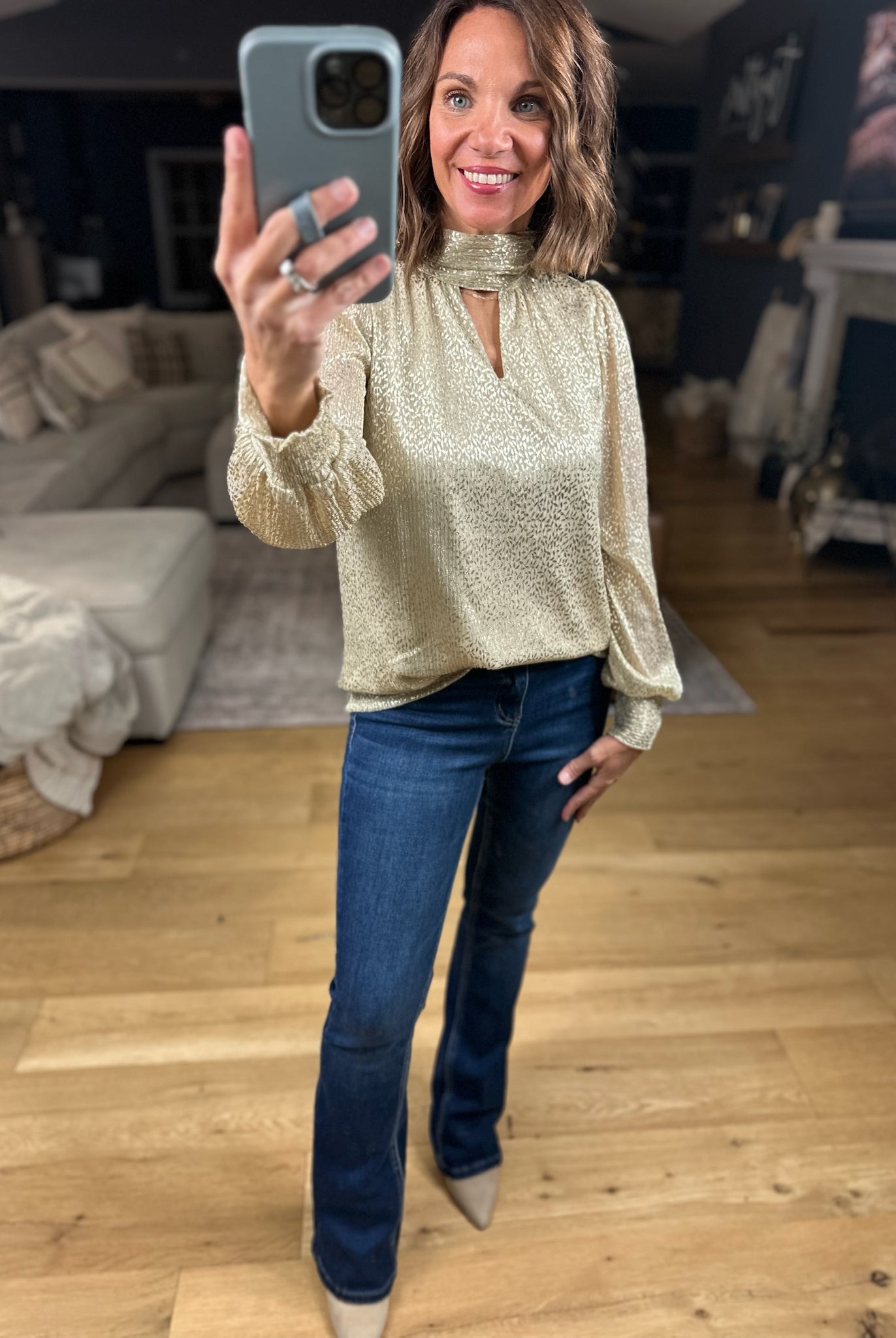 Sweetest Dreams Keyhole Long Sleeve Top - Gold-Long Sleeves-Skies Are Blue-Anna Kaytes Boutique, Women's Fashion Boutique in Grinnell, Iowa