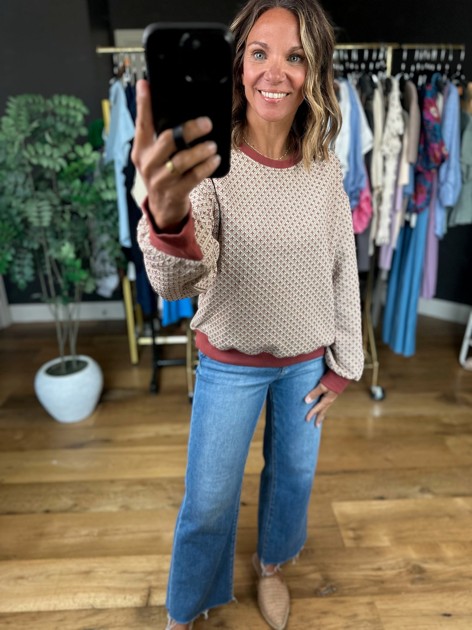 Oh My Fall Patterned Crew-Sweaters-Umgee-Anna Kaytes Boutique, Women's Fashion Boutique in Grinnell, Iowa