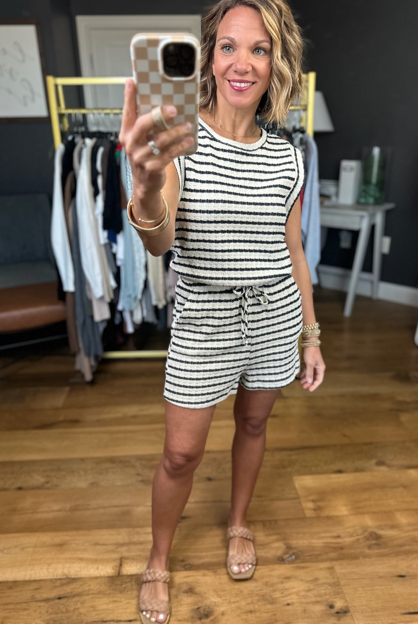 Sunny Days Striped Textured Romper - Ivory/Black-Rompers-Wasabi & Mint-Anna Kaytes Boutique, Women's Fashion Boutique in Grinnell, Iowa