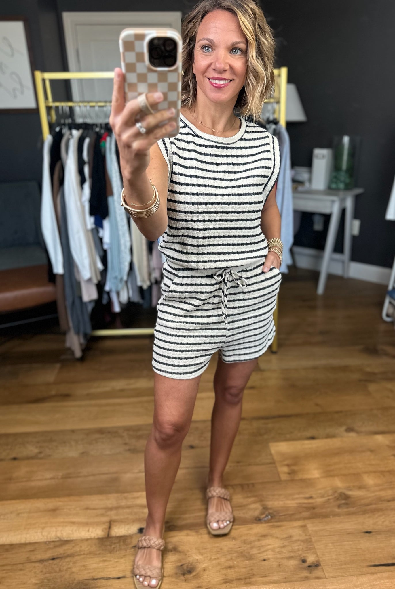 Sunny Days Striped Textured Romper - Ivory/Black-Rompers-Wasabi & Mint-Anna Kaytes Boutique, Women's Fashion Boutique in Grinnell, Iowa