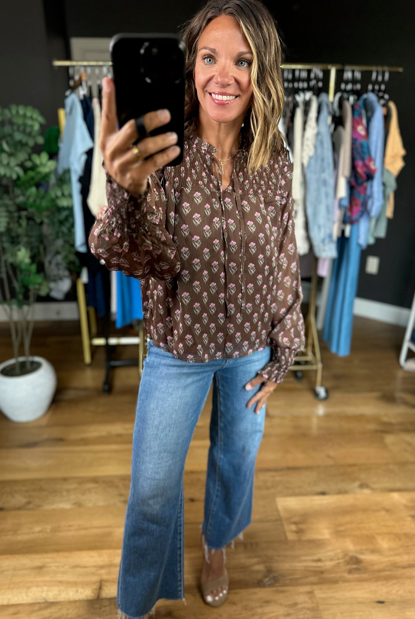 Kept In Line Floral Top - Chocolate-Long Sleeves-ee:some-Anna Kaytes Boutique, Women's Fashion Boutique in Grinnell, Iowa