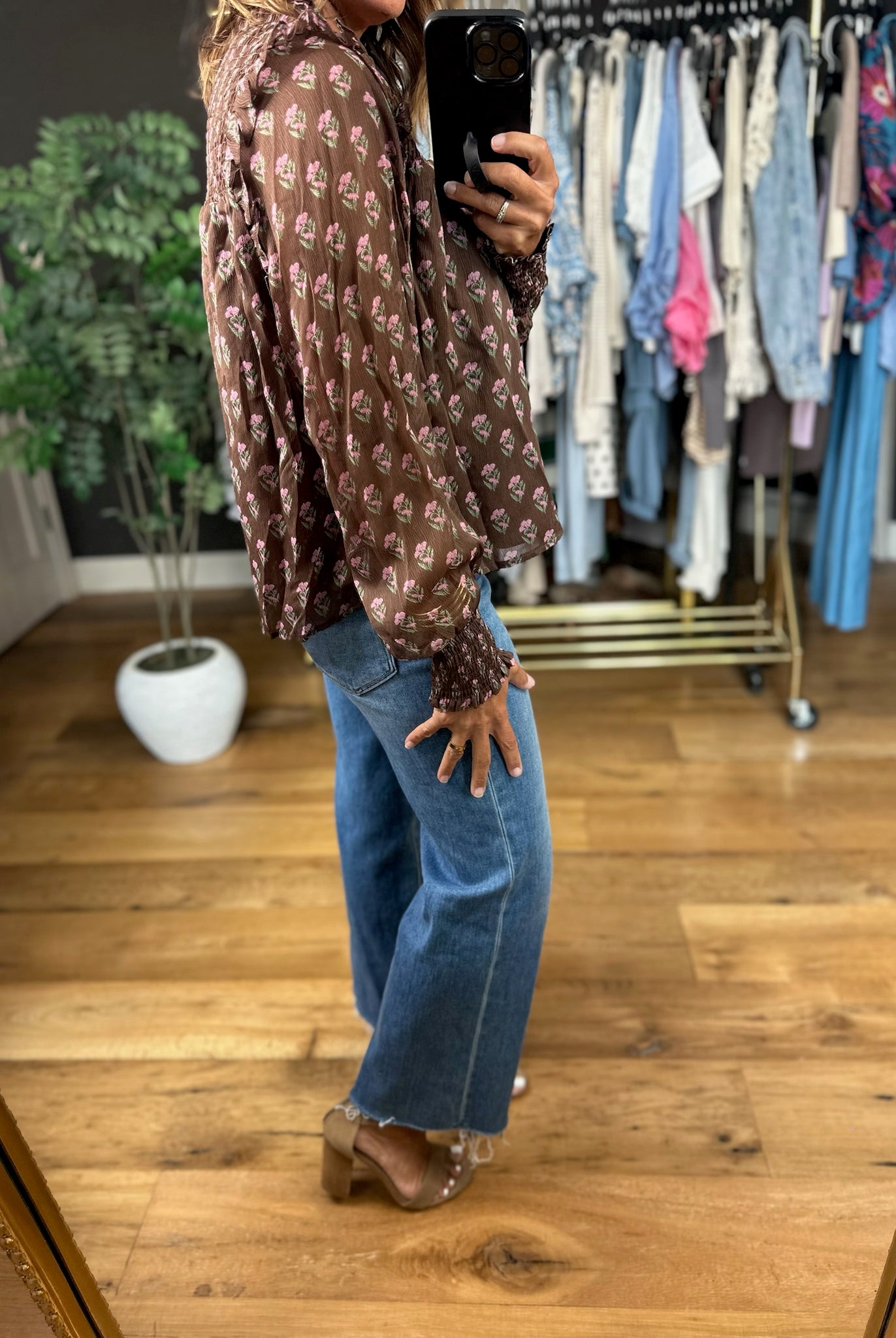 Kept In Line Floral Top - Chocolate-Long Sleeves-ee:some-Anna Kaytes Boutique, Women's Fashion Boutique in Grinnell, Iowa
