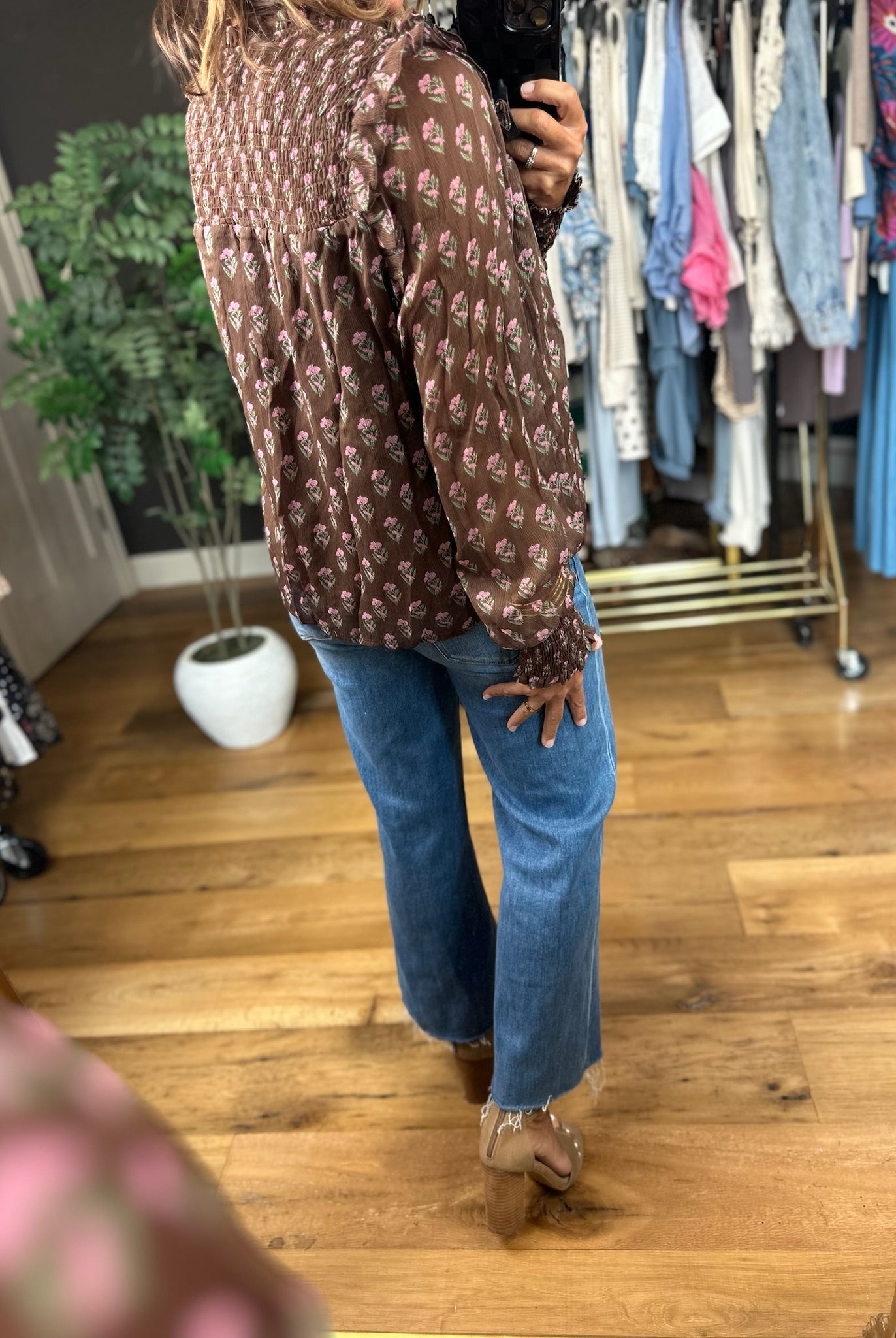 Kept In Line Floral Top - Chocolate-Long Sleeves-ee:some-Anna Kaytes Boutique, Women's Fashion Boutique in Grinnell, Iowa