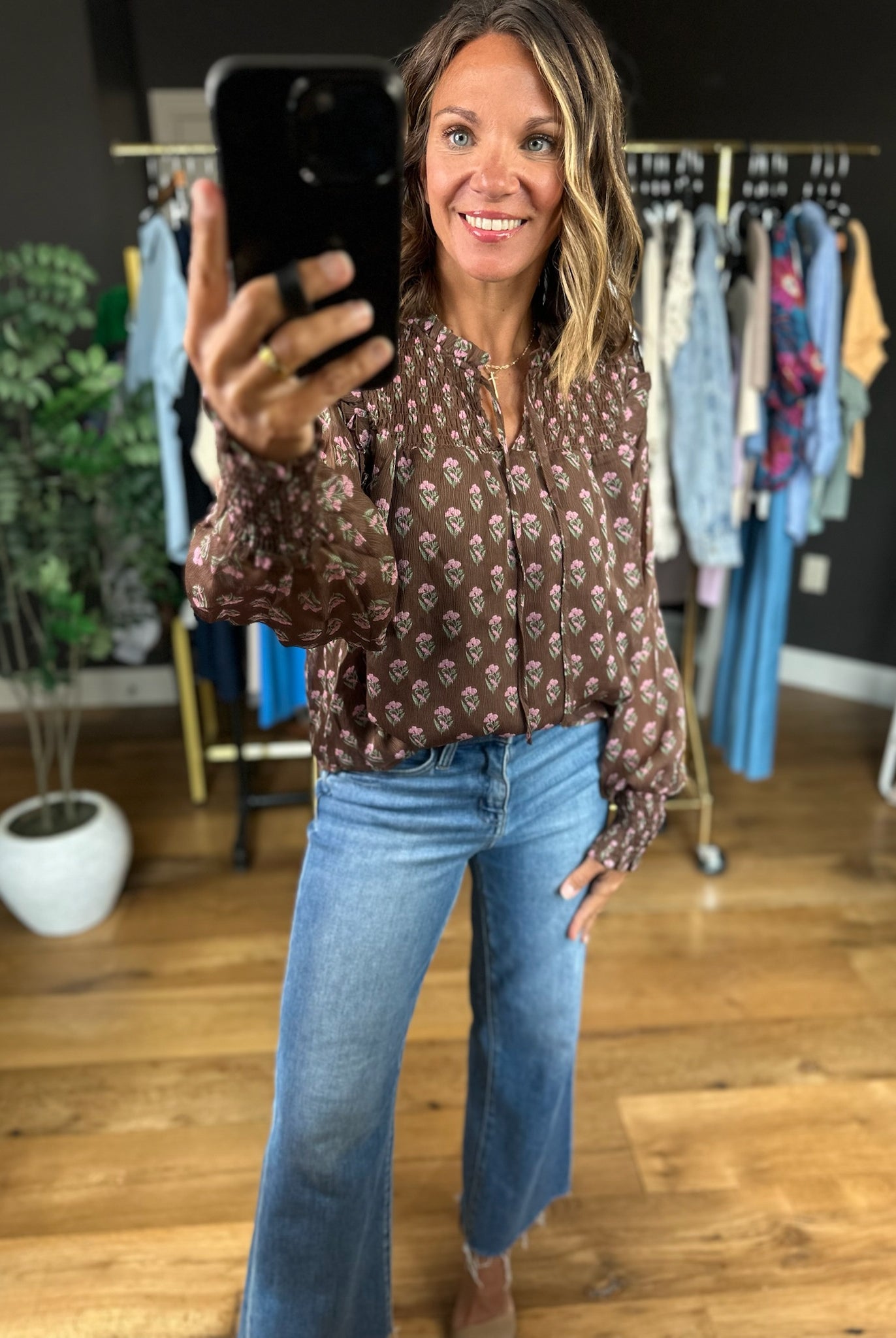 Kept In Line Floral Top - Chocolate-Long Sleeves-ee:some-Anna Kaytes Boutique, Women's Fashion Boutique in Grinnell, Iowa