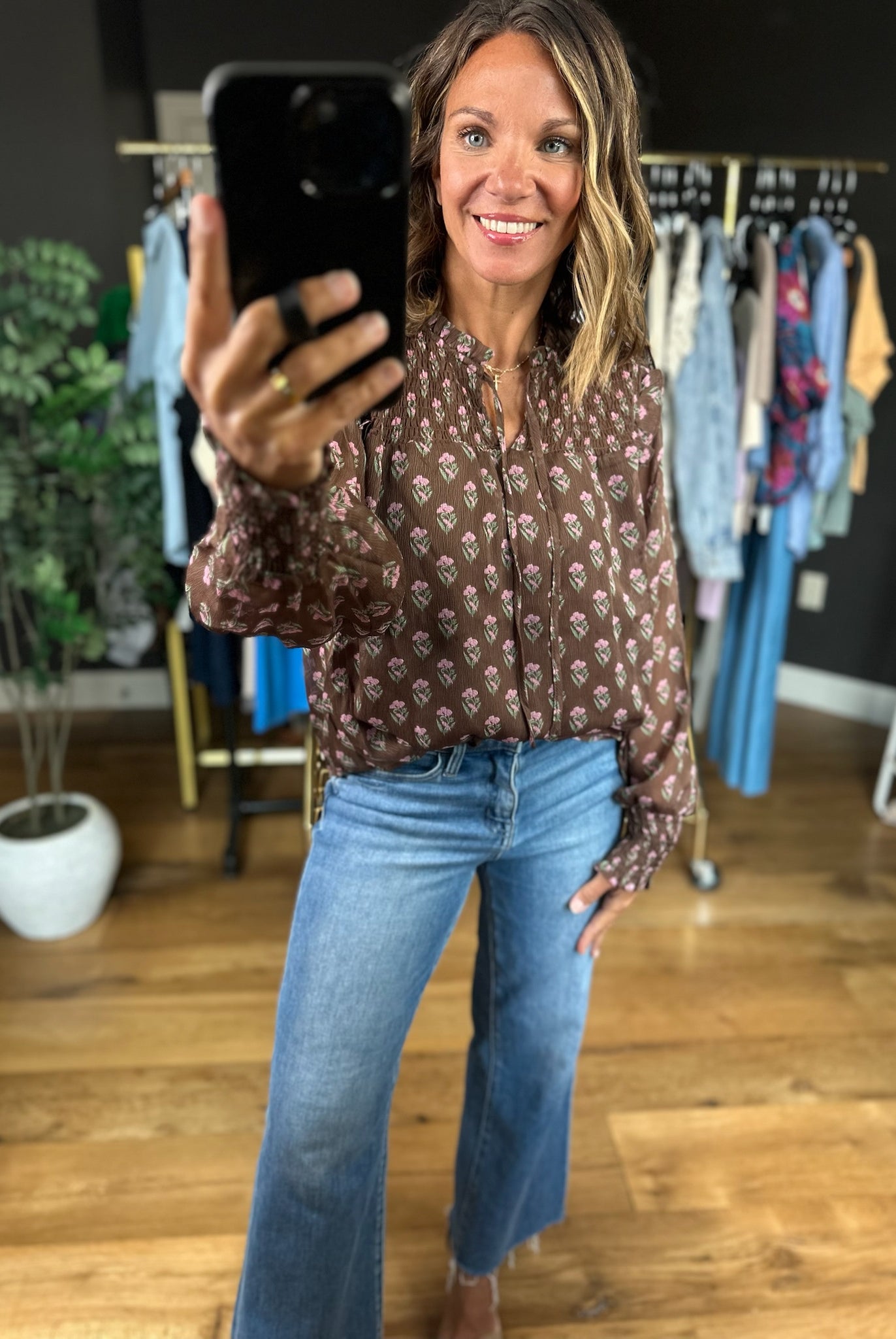 Kept In Line Floral Top - Chocolate-Long Sleeves-ee:some-Anna Kaytes Boutique, Women's Fashion Boutique in Grinnell, Iowa
