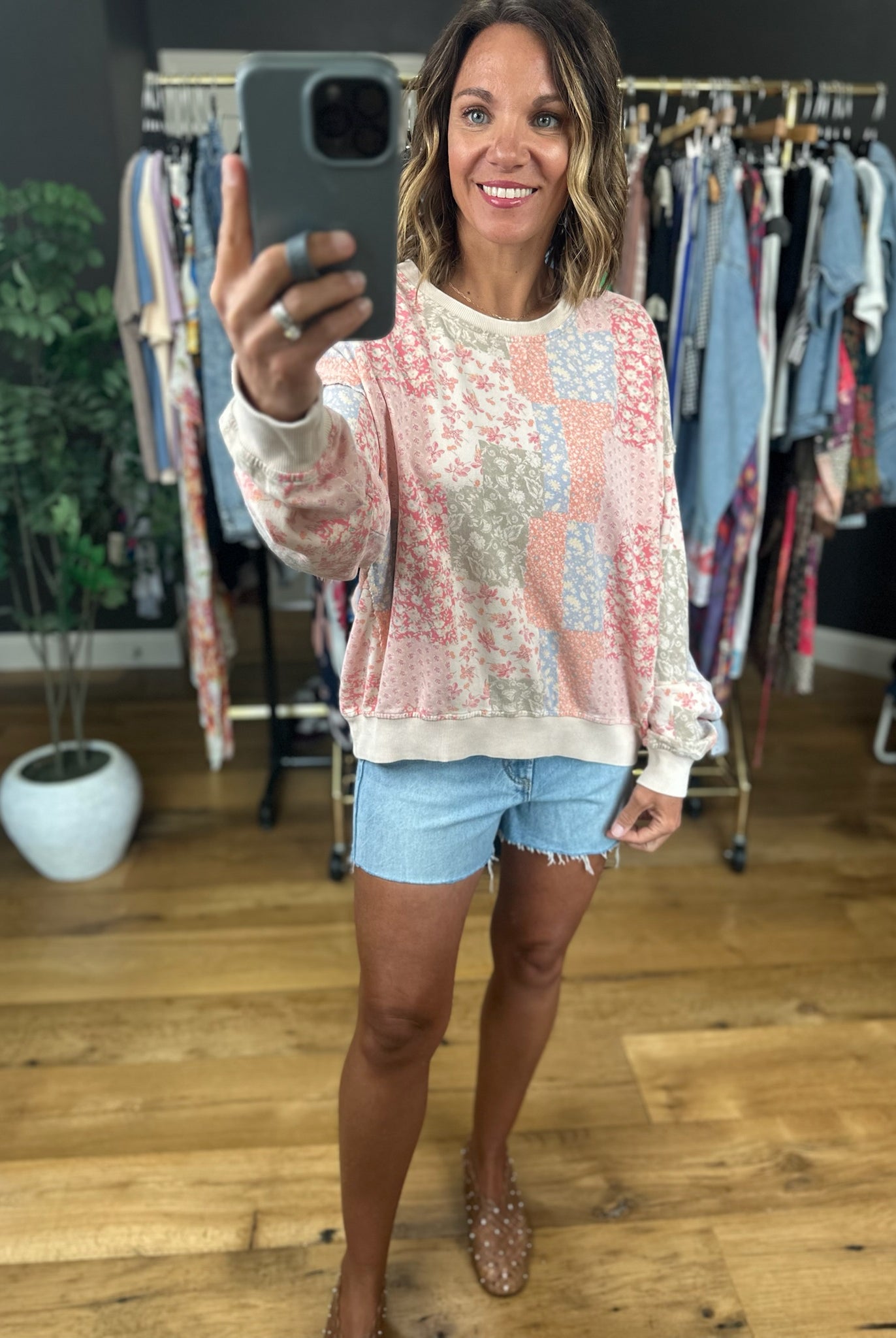 Sweetest Spring Patchwork Crew-Sweaters-Easel-Anna Kaytes Boutique, Women's Fashion Boutique in Grinnell, Iowa