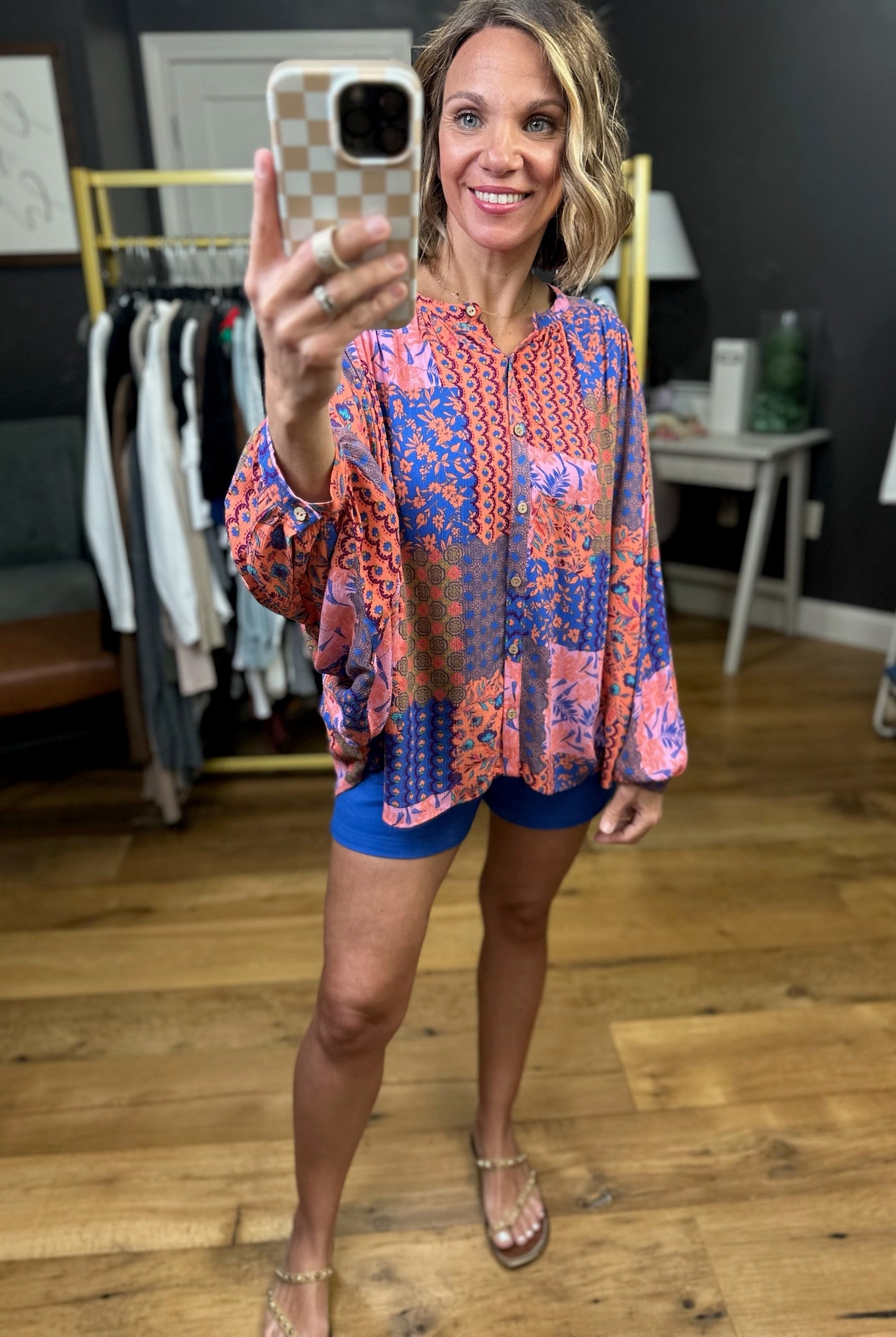 All Here Quilt-Patterned Top - Coral Blue-Easel-Anna Kaytes Boutique, Women's Fashion Boutique in Grinnell, Iowa