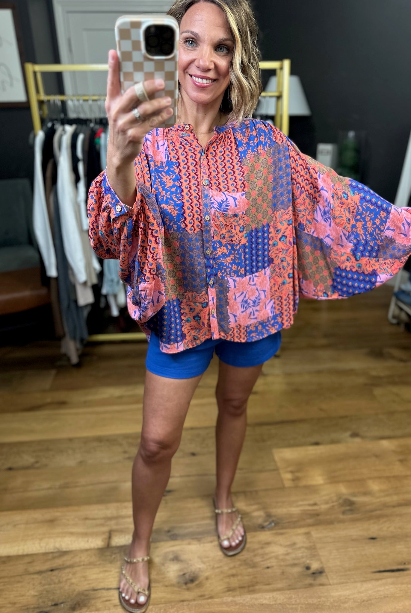 All Here Quilt-Patterned Top - Coral Blue-Easel-Anna Kaytes Boutique, Women's Fashion Boutique in Grinnell, Iowa