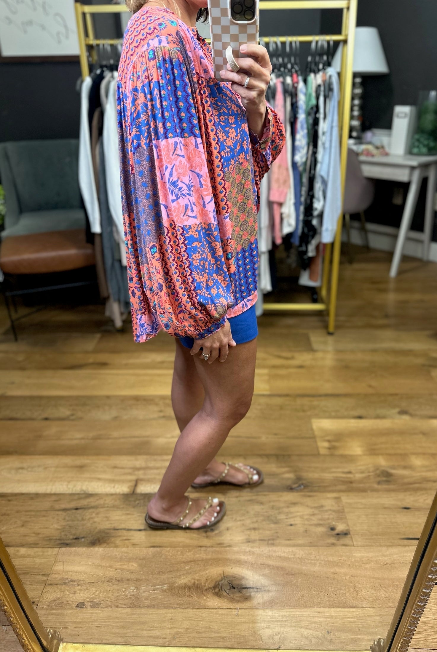 All Here Quilt-Patterned Top - Coral Blue-Easel-Anna Kaytes Boutique, Women's Fashion Boutique in Grinnell, Iowa