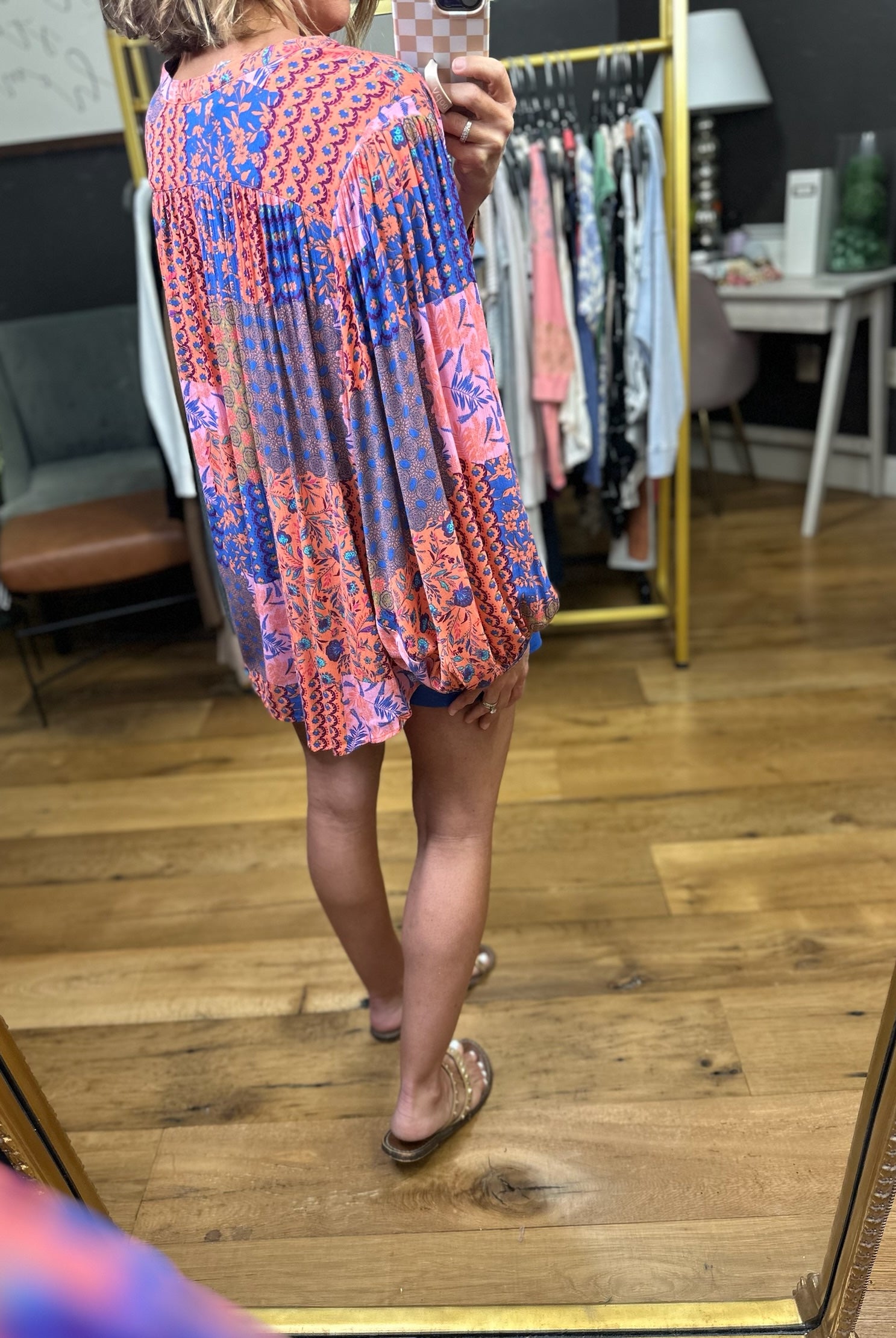 All Here Quilt-Patterned Top - Coral Blue-Easel-Anna Kaytes Boutique, Women's Fashion Boutique in Grinnell, Iowa