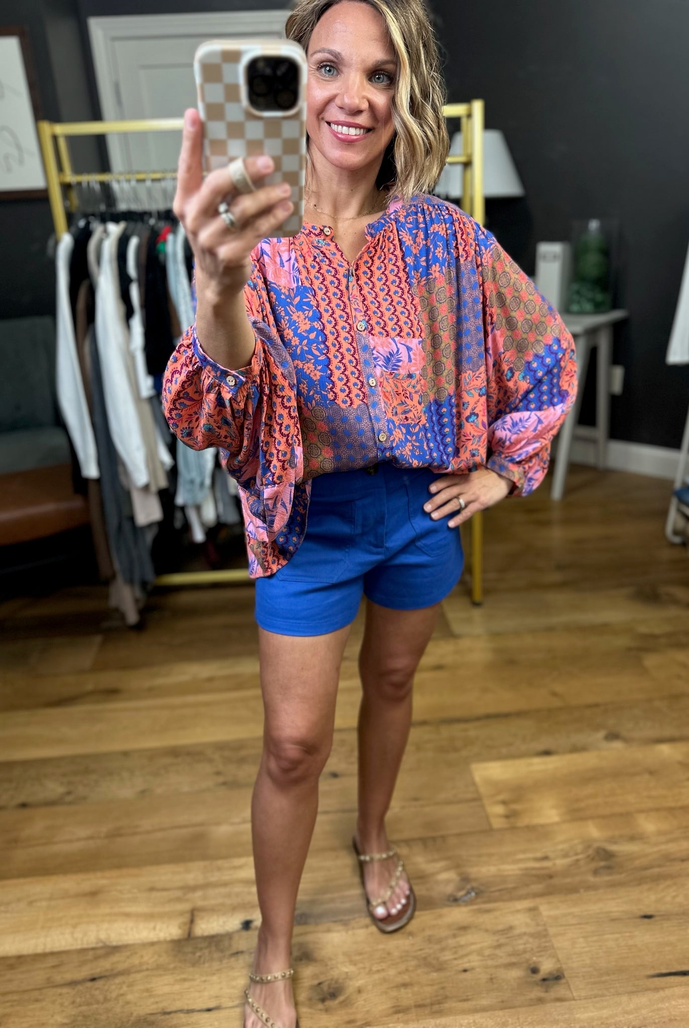 All Here Quilt-Patterned Top - Coral Blue-Easel-Anna Kaytes Boutique, Women's Fashion Boutique in Grinnell, Iowa