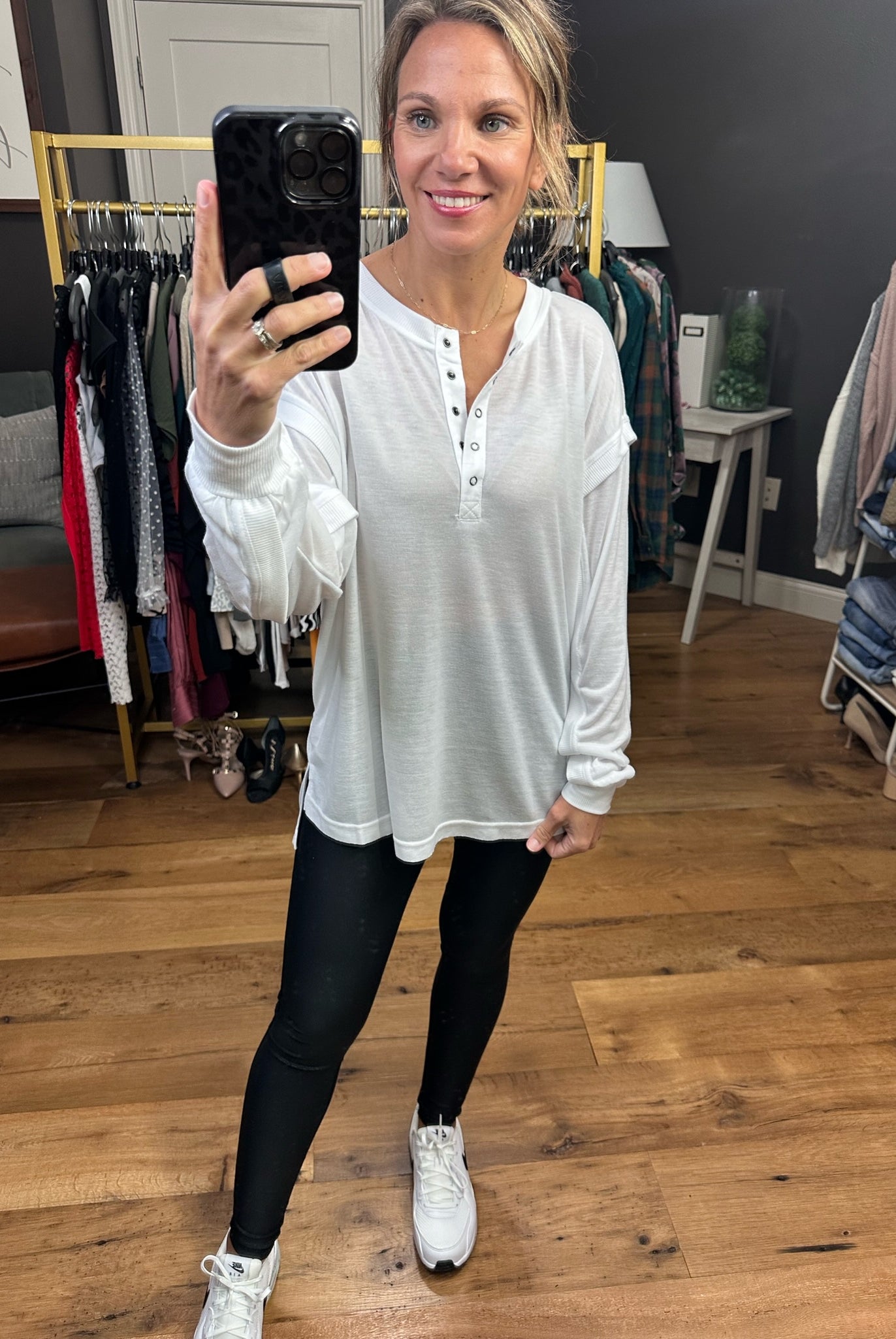 Details Matter Henley Long Sleeve With Pleated Detail Sleeve - Multiple Options-Long Sleeves-Wishlist wl22-7319-Anna Kaytes Boutique, Women's Fashion Boutique in Grinnell, Iowa