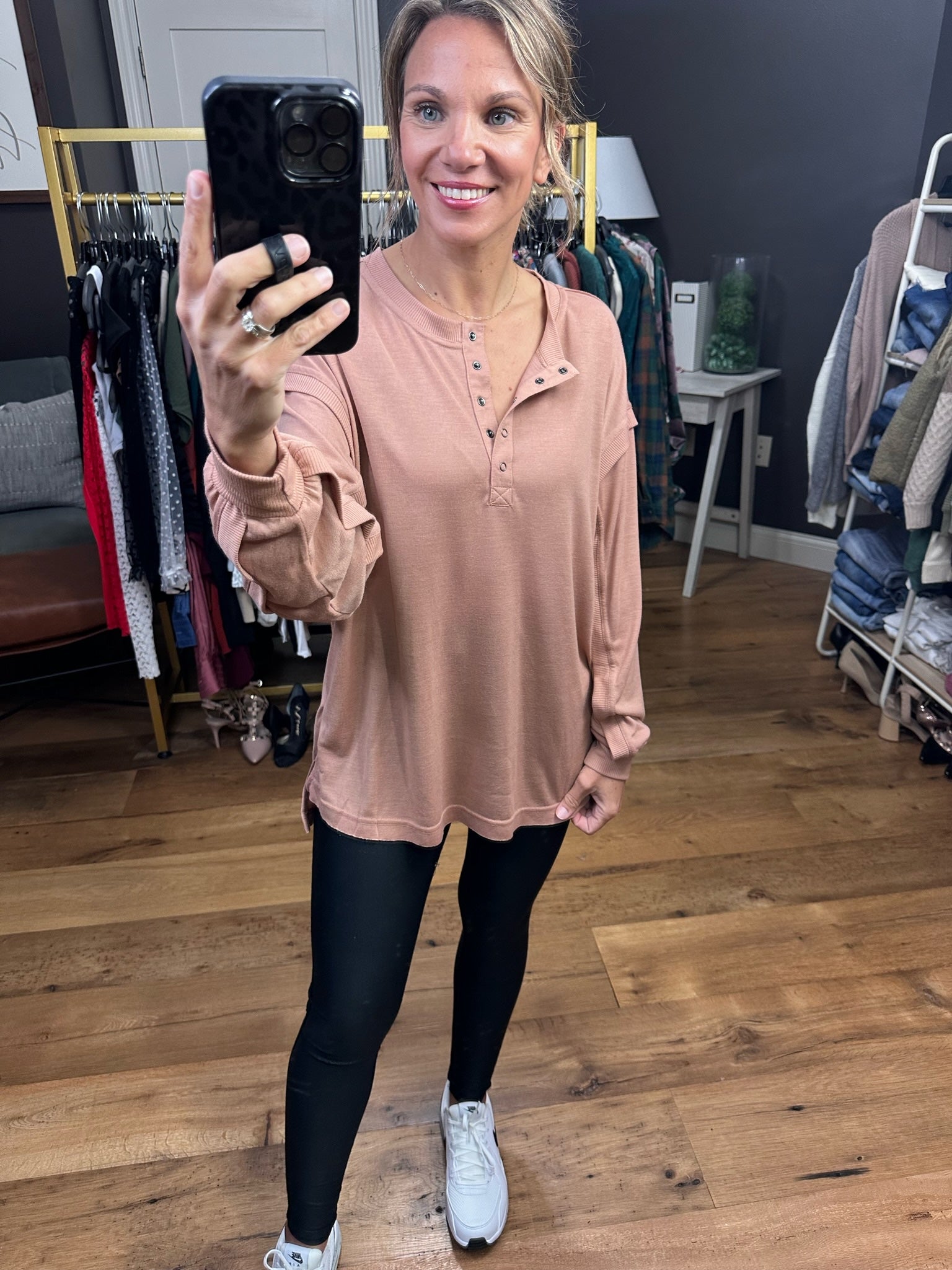 Details Matter Henley Long Sleeve With Pleated Detail Sleeve - Multiple Options-Long Sleeves-Wishlist wl22-7319-Anna Kaytes Boutique, Women's Fashion Boutique in Grinnell, Iowa