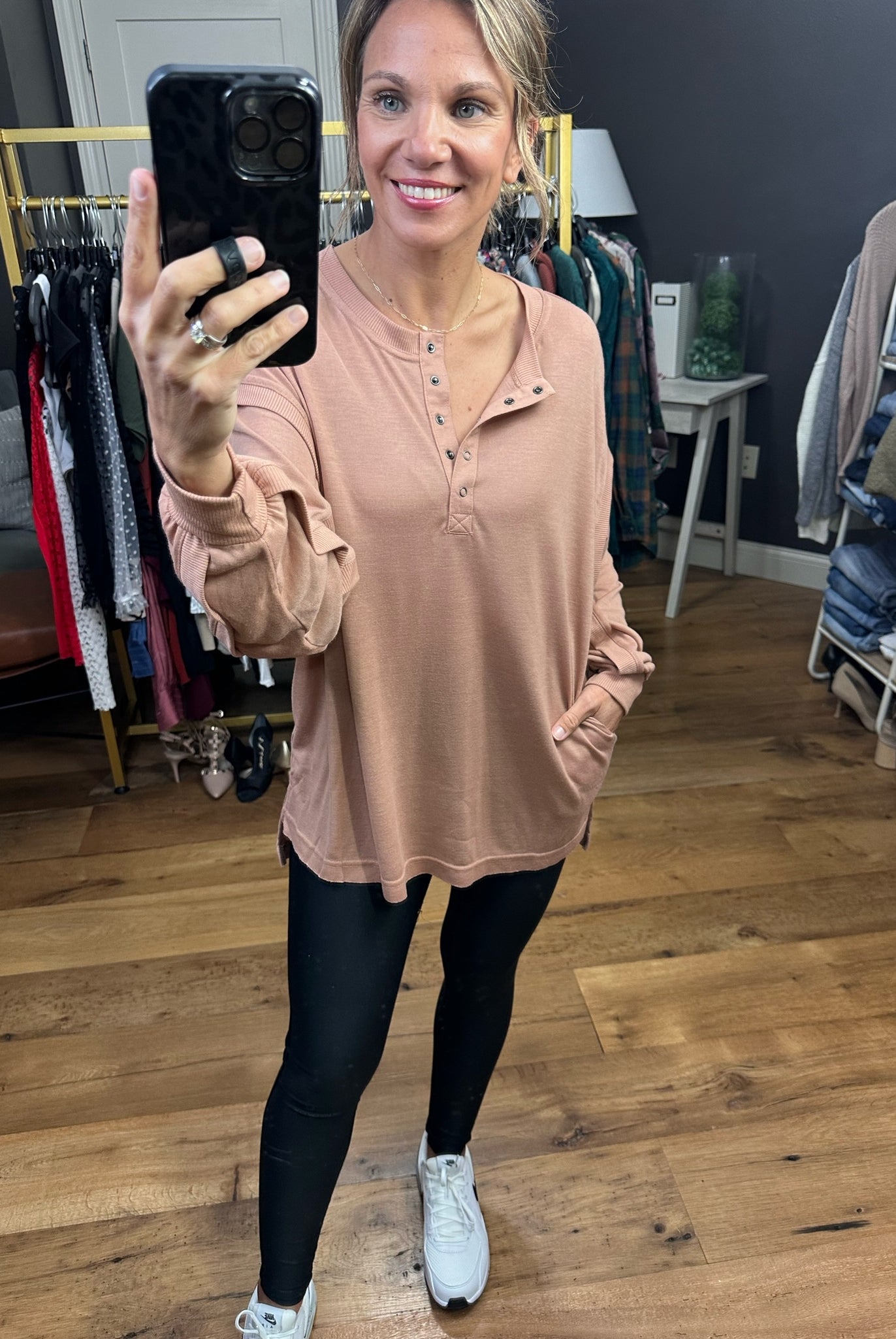 Details Matter Henley Long Sleeve With Pleated Detail Sleeve - Multiple Options-Long Sleeves-Wishlist wl22-7319-Anna Kaytes Boutique, Women's Fashion Boutique in Grinnell, Iowa
