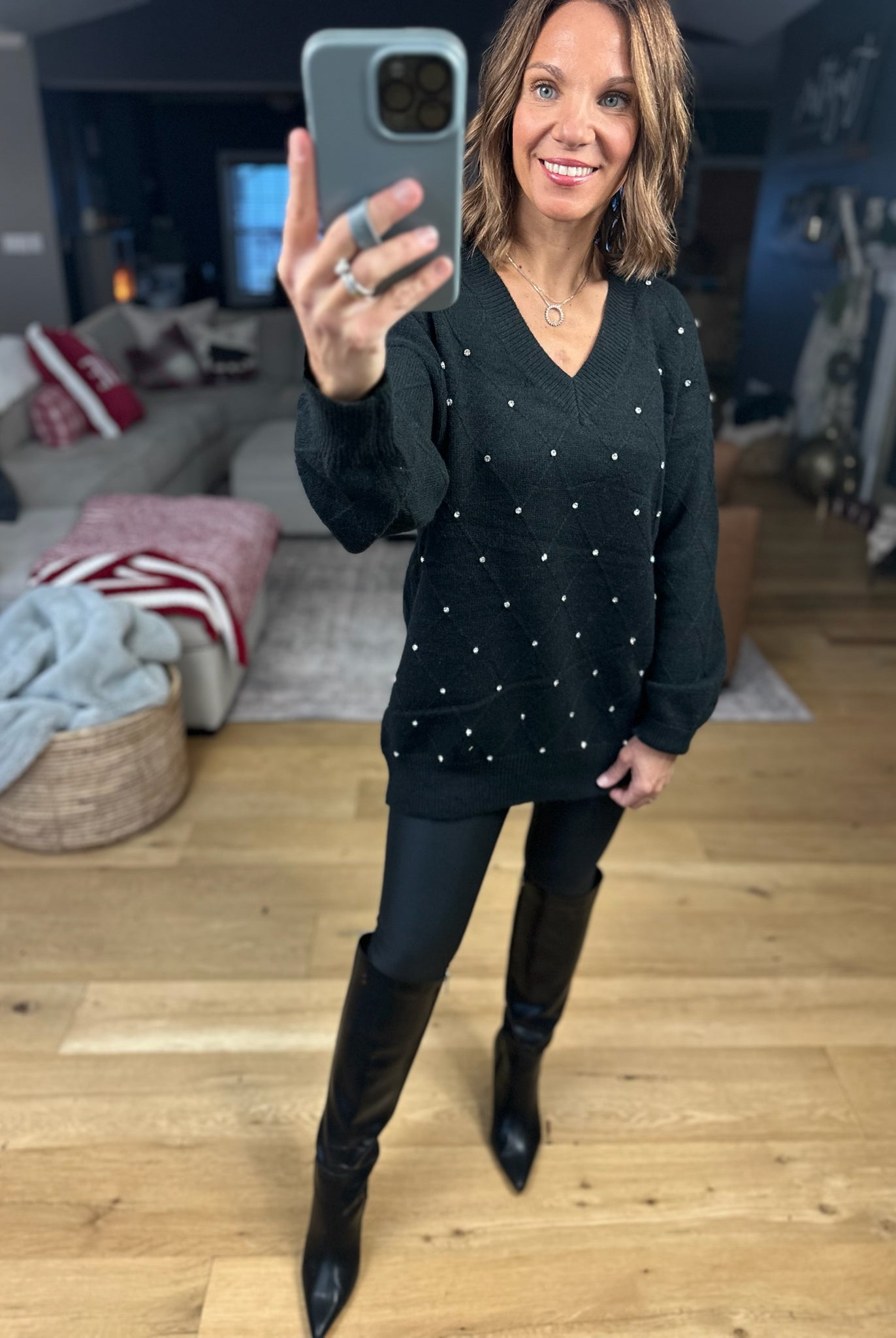 My Attention Rhinestone-Detail Knit Sweater-Sweaters-Vine & Love-Anna Kaytes Boutique, Women's Fashion Boutique in Grinnell, Iowa