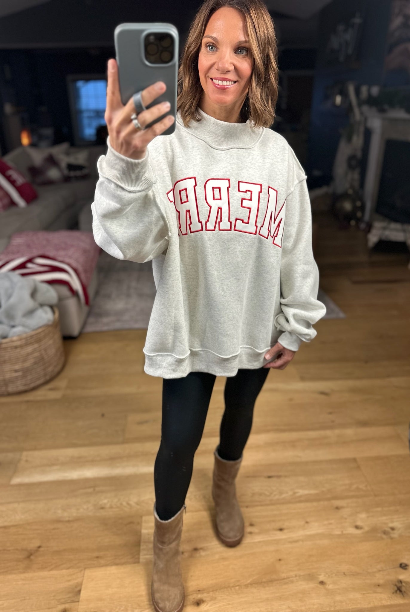 Merry Mock-Neck Sweatshirt - Grey-Sweaters-Bucketlist-Anna Kaytes Boutique, Women's Fashion Boutique in Grinnell, Iowa