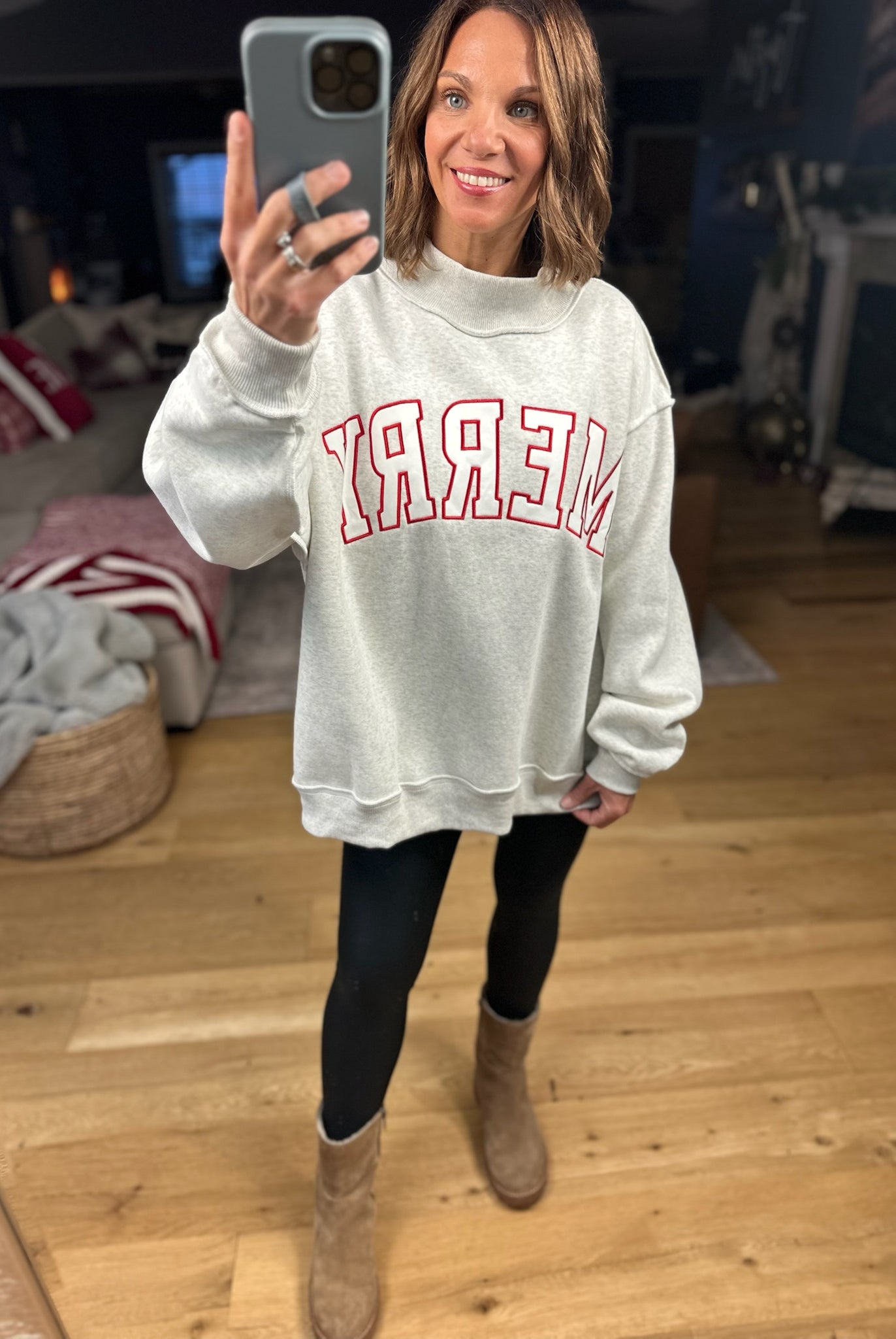 Merry Mock-Neck Sweatshirt - Grey-Sweaters-Bucketlist-Anna Kaytes Boutique, Women's Fashion Boutique in Grinnell, Iowa