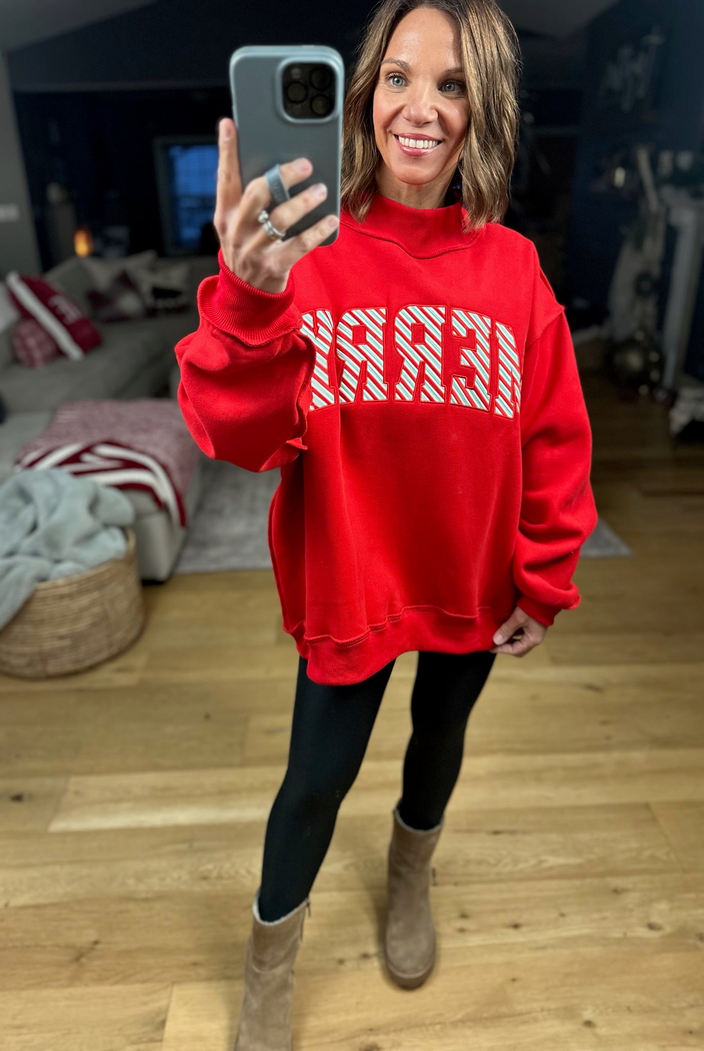 Merry Mock-Neck Sweatshirt - Red-Sweaters-Bucketlist-Anna Kaytes Boutique, Women's Fashion Boutique in Grinnell, Iowa