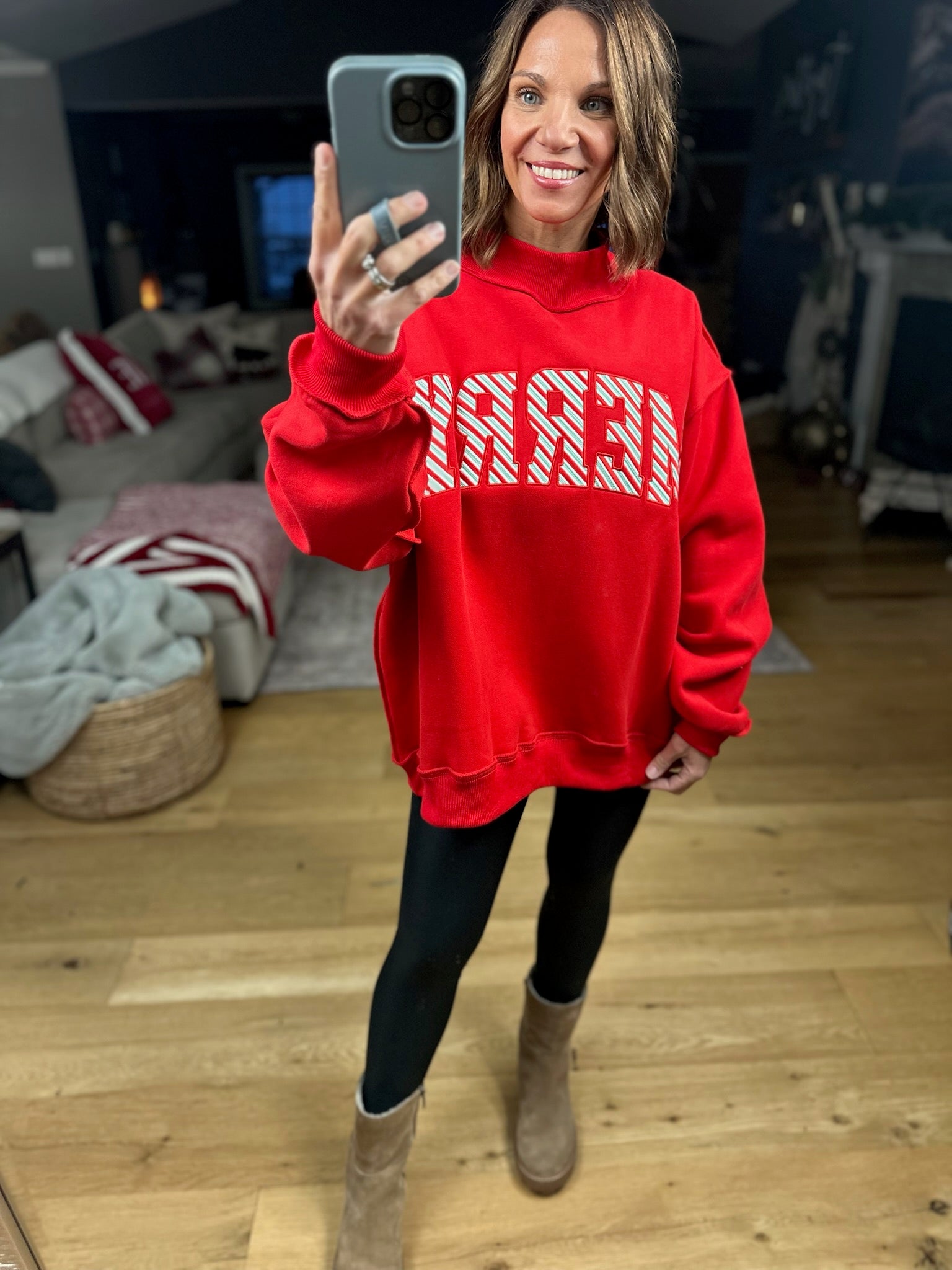 Merry Mock-Neck Sweatshirt - Red-Sweaters-Bucketlist-Anna Kaytes Boutique, Women's Fashion Boutique in Grinnell, Iowa