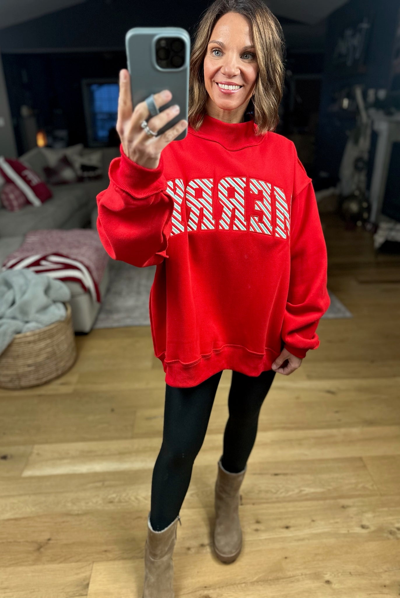 Merry Mock-Neck Sweatshirt - Red-Sweaters-Bucketlist-Anna Kaytes Boutique, Women's Fashion Boutique in Grinnell, Iowa