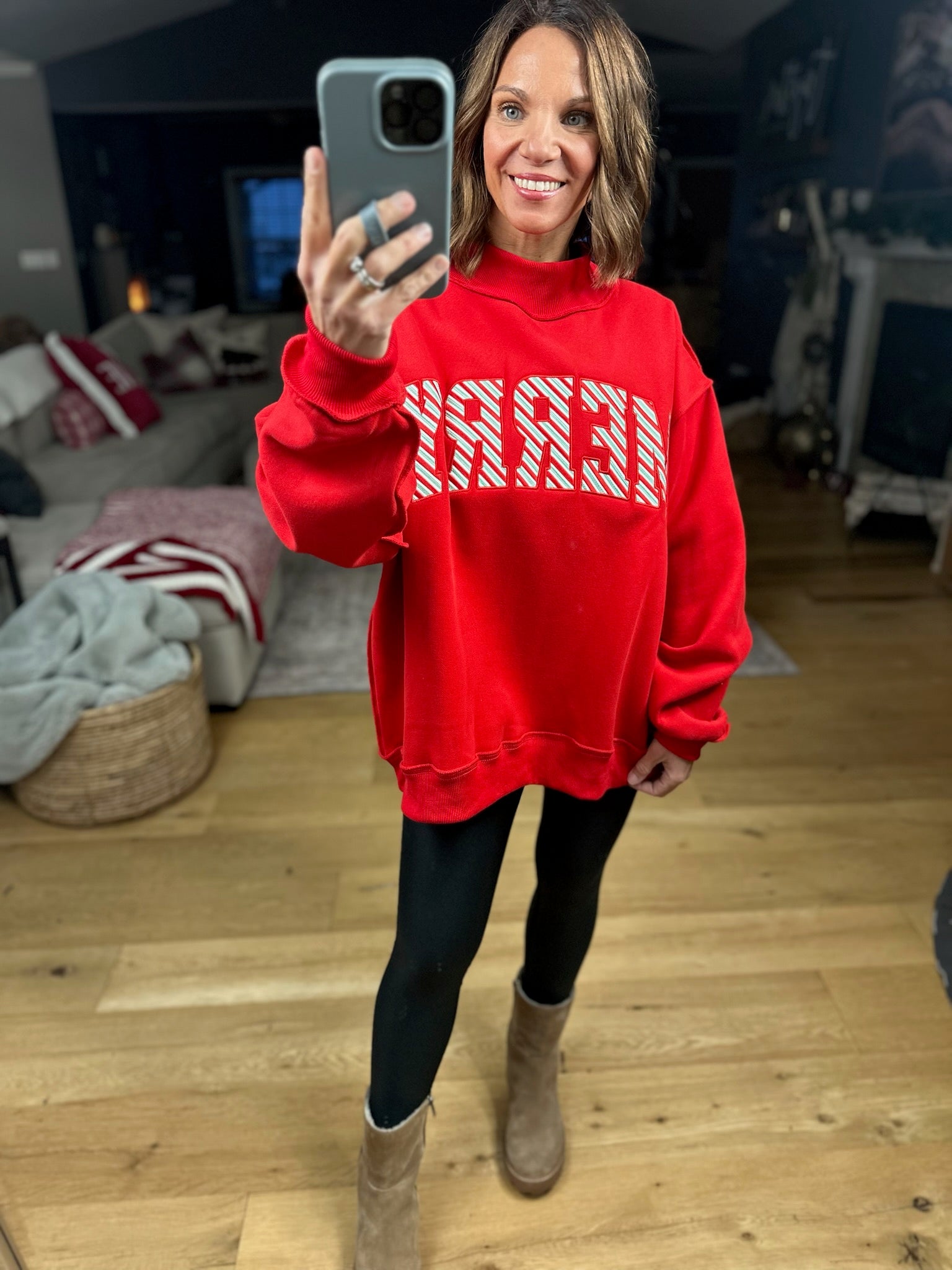 Merry Mock-Neck Sweatshirt - Red-Sweaters-Bucketlist-Anna Kaytes Boutique, Women's Fashion Boutique in Grinnell, Iowa