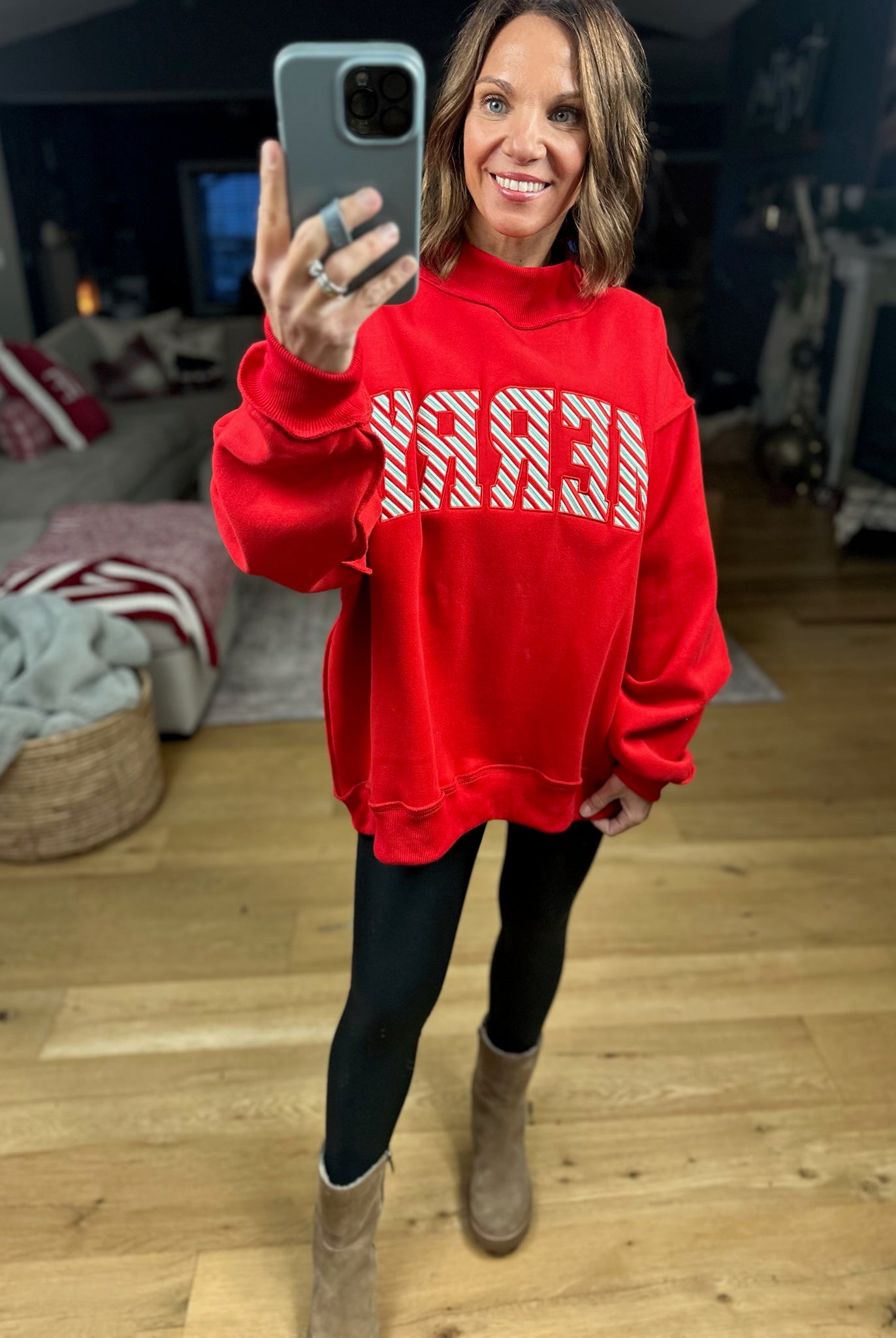 Merry Mock-Neck Sweatshirt - Red-Sweaters-Bucketlist-Anna Kaytes Boutique, Women's Fashion Boutique in Grinnell, Iowa