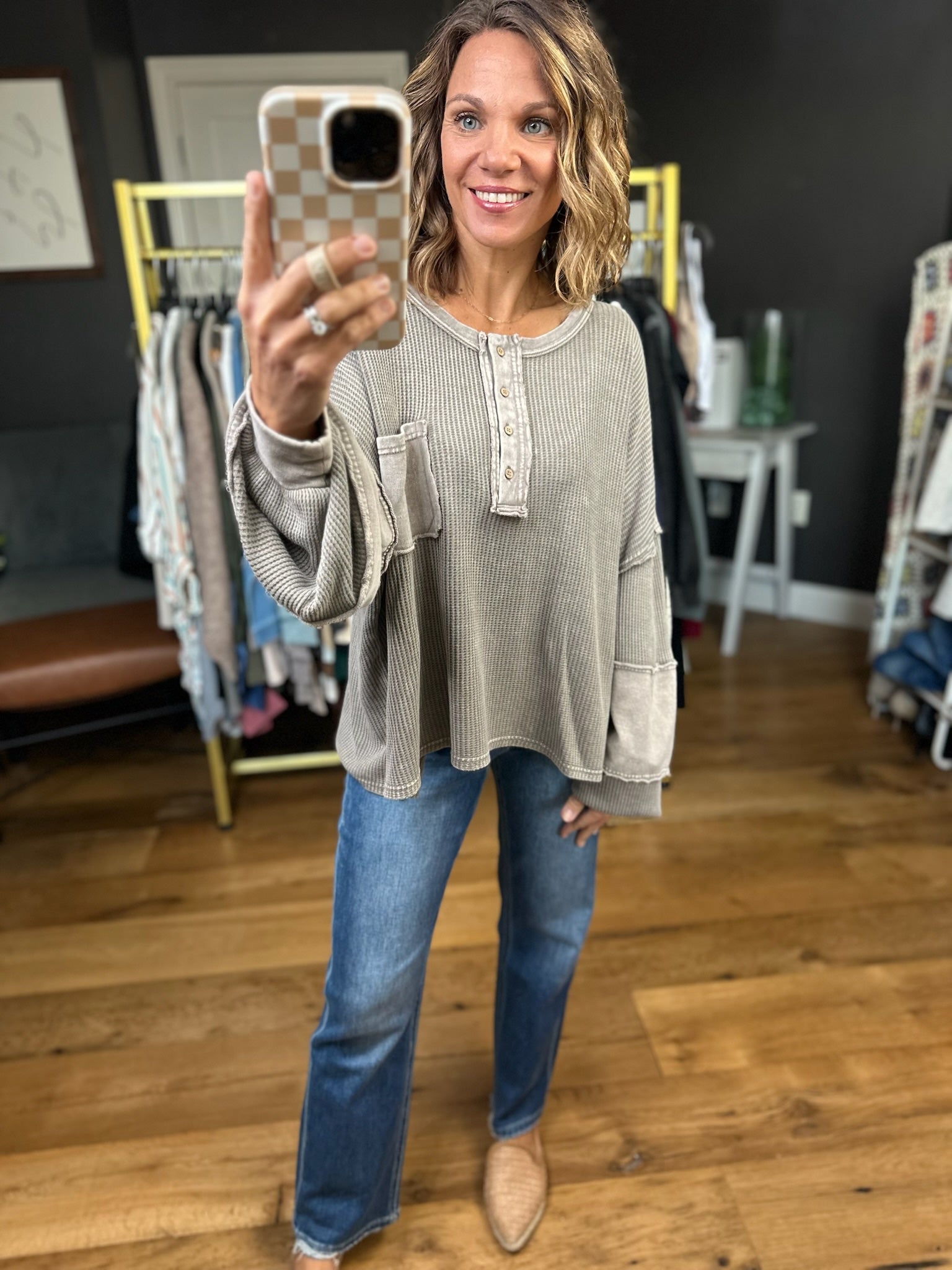 Complimenting You Oversized Waffle Henley - Ash-Easel-Anna Kaytes Boutique, Women's Fashion Boutique in Grinnell, Iowa