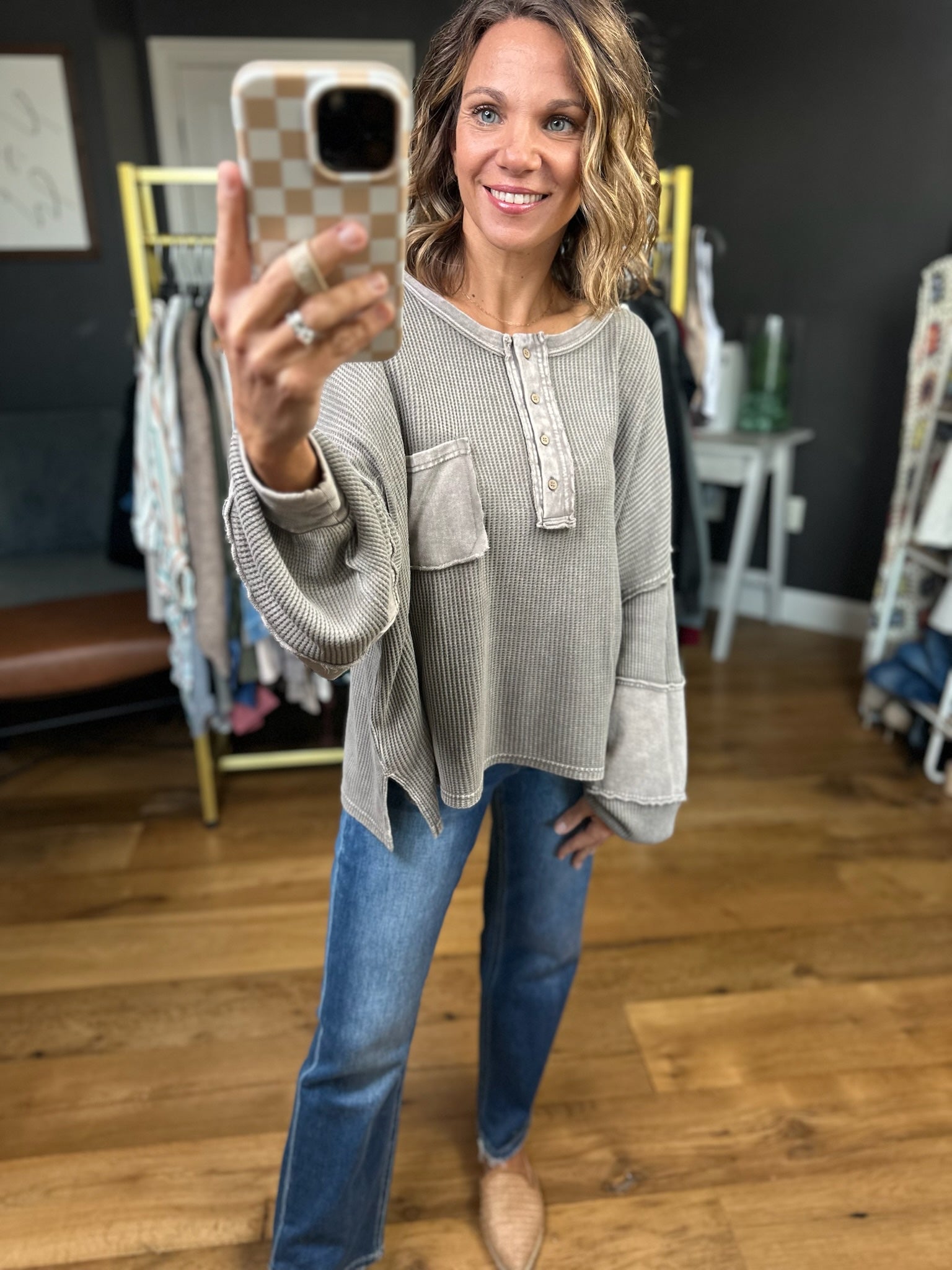 Complimenting You Oversized Waffle Henley - Ash-Easel-Anna Kaytes Boutique, Women's Fashion Boutique in Grinnell, Iowa