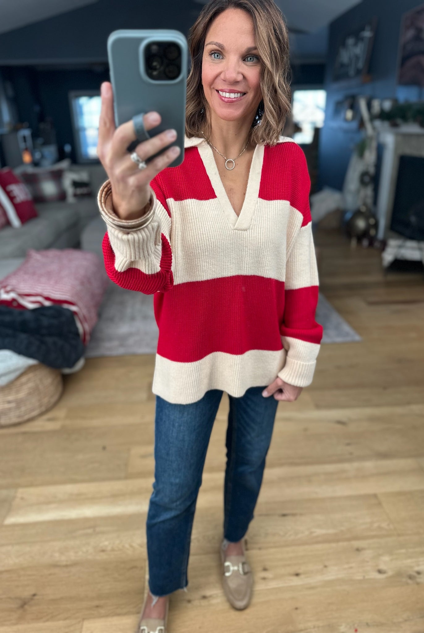 Coming Through Ribbed Sweater - Red/Beige-Sweaters-Dress Forum-Anna Kaytes Boutique, Women's Fashion Boutique in Grinnell, Iowa