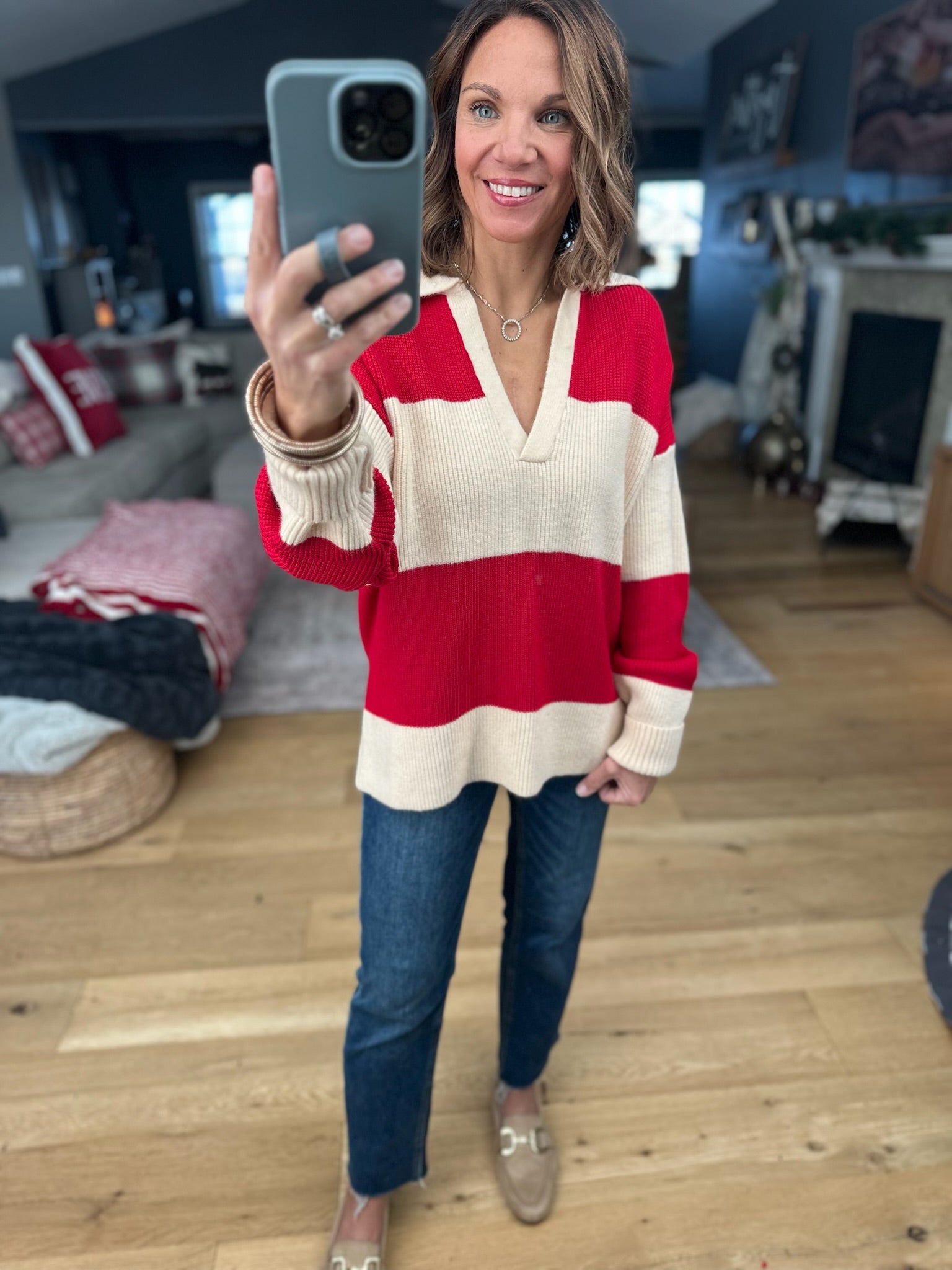 Coming Through Ribbed Sweater - Red/Beige-Sweaters-Dress Forum-Anna Kaytes Boutique, Women's Fashion Boutique in Grinnell, Iowa