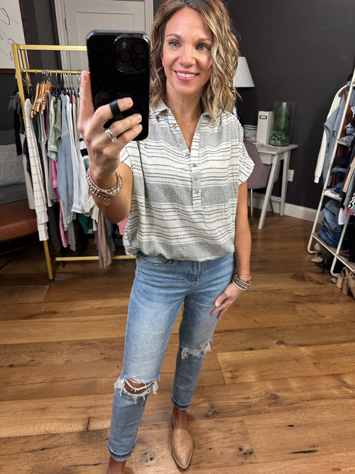 From Now On Striped Half-Button Top - Ivory/Grey-Wishlist-Anna Kaytes Boutique, Women's Fashion Boutique in Grinnell, Iowa