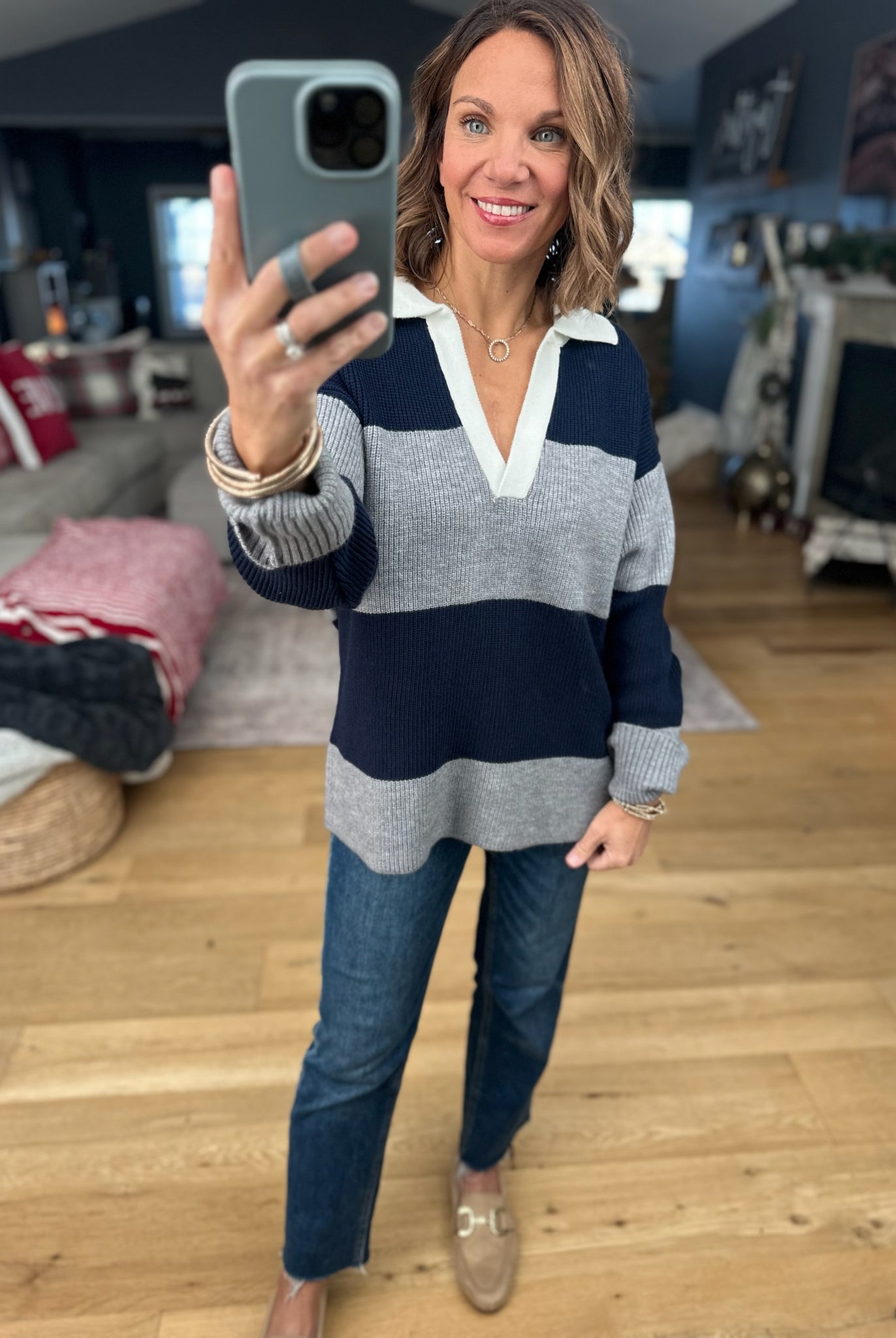 Coming Through Ribbed Sweater - Navy/Grey-Sweaters-Dress Forum-Anna Kaytes Boutique, Women's Fashion Boutique in Grinnell, Iowa