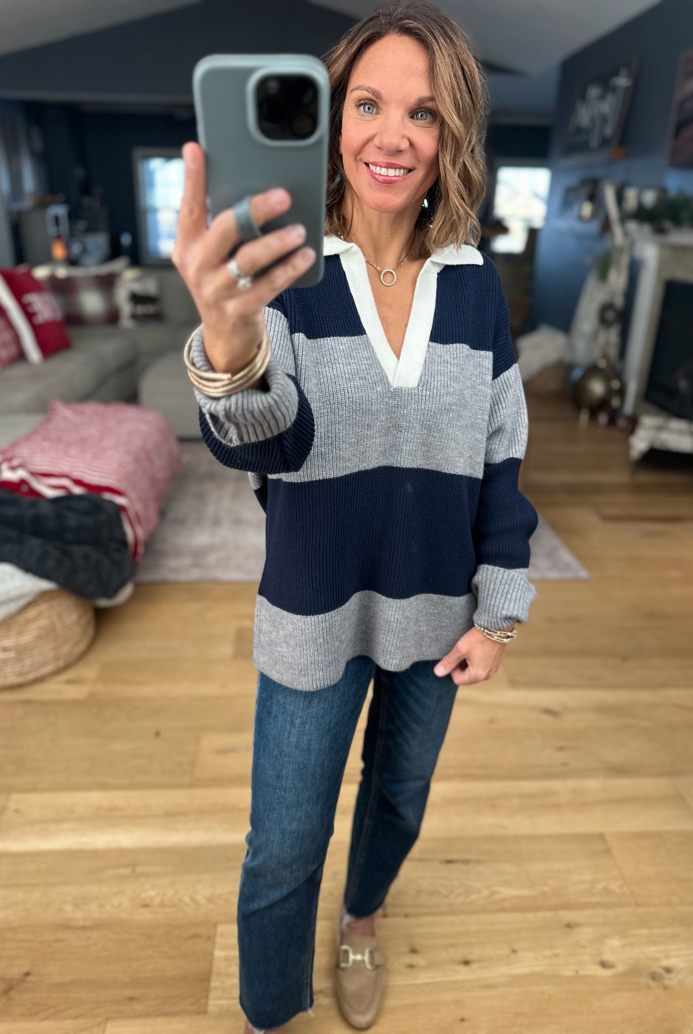 Coming Through Ribbed Sweater - Navy/Grey-Sweaters-Dress Forum-Anna Kaytes Boutique, Women's Fashion Boutique in Grinnell, Iowa