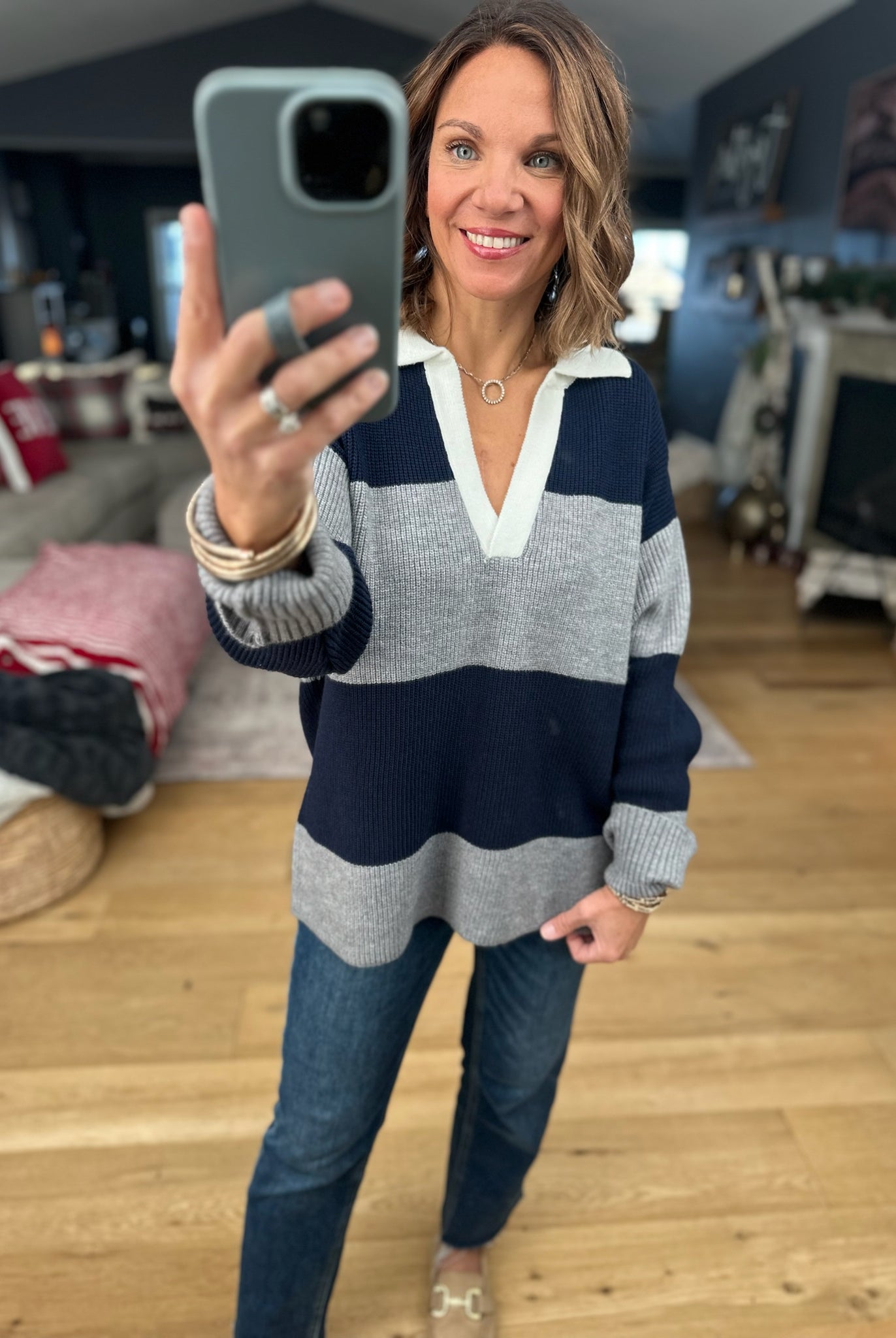 Coming Through Ribbed Sweater - Navy/Grey-Sweaters-Dress Forum-Anna Kaytes Boutique, Women's Fashion Boutique in Grinnell, Iowa