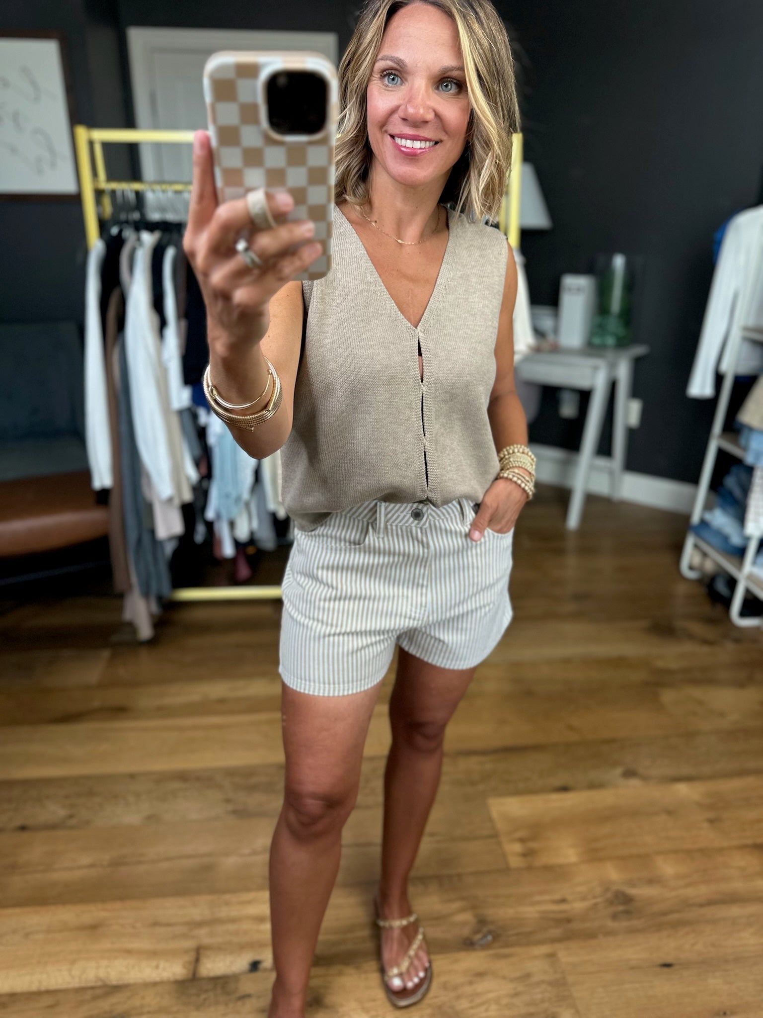 **Tara - Taupe/White Striped Short-Shorts-Wishlist-Anna Kaytes Boutique, Women's Fashion Boutique in Grinnell, Iowa