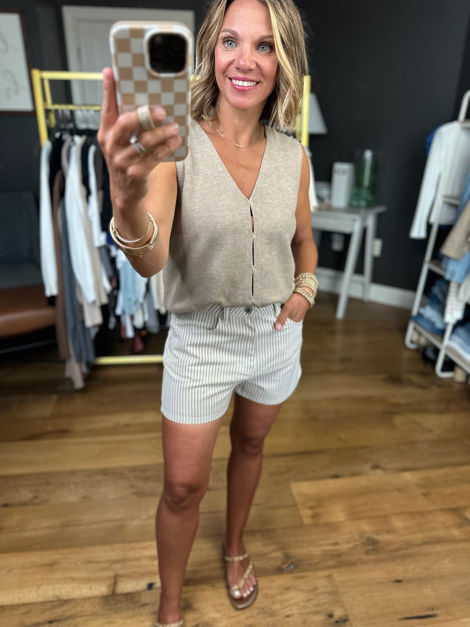 **Tara - Taupe/White Striped Short-Shorts-Wishlist-Anna Kaytes Boutique, Women's Fashion Boutique in Grinnell, Iowa