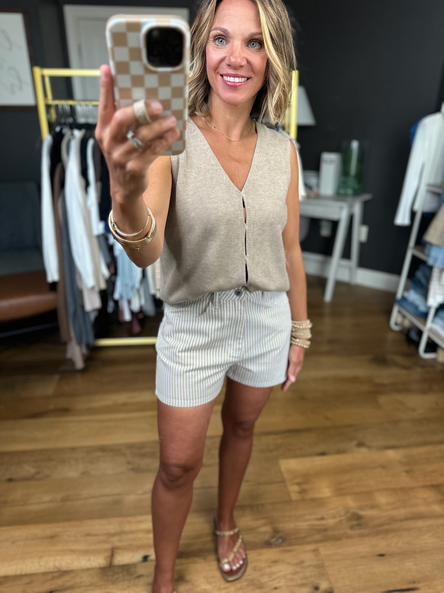 **Tara - Taupe/White Striped Short-Shorts-Wishlist-Anna Kaytes Boutique, Women's Fashion Boutique in Grinnell, Iowa