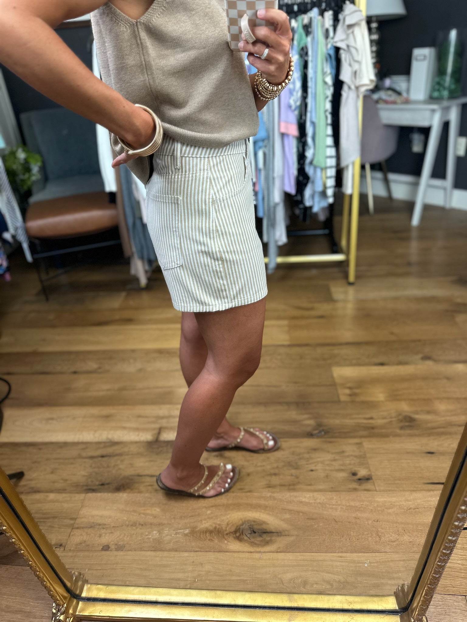 **Tara - Taupe/White Striped Short-Shorts-Wishlist-Anna Kaytes Boutique, Women's Fashion Boutique in Grinnell, Iowa