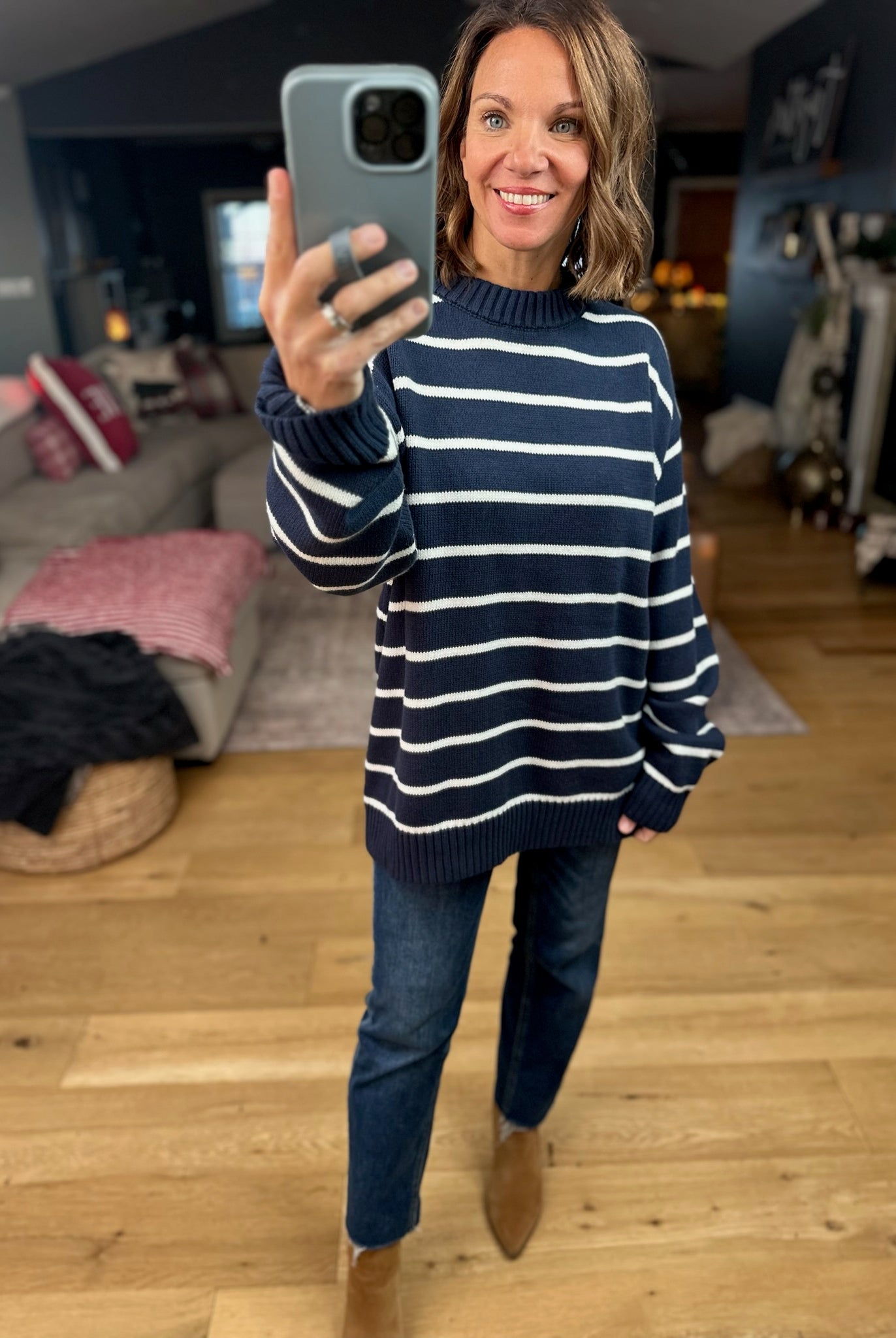 In The Right Place Striped Sweater - Navy-Sweaters-Wishlist-Anna Kaytes Boutique, Women's Fashion Boutique in Grinnell, Iowa