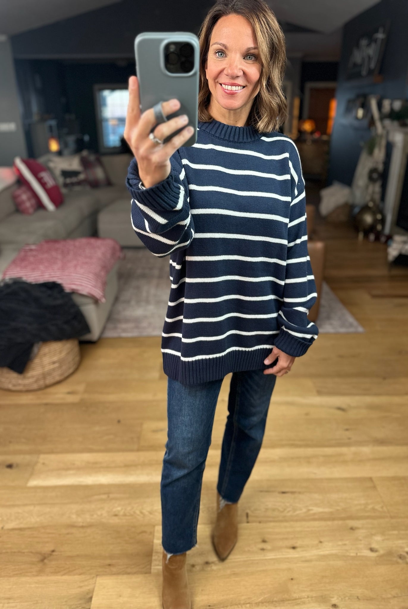 In The Right Place Striped Sweater - Navy-Sweaters-Wishlist-Anna Kaytes Boutique, Women's Fashion Boutique in Grinnell, Iowa