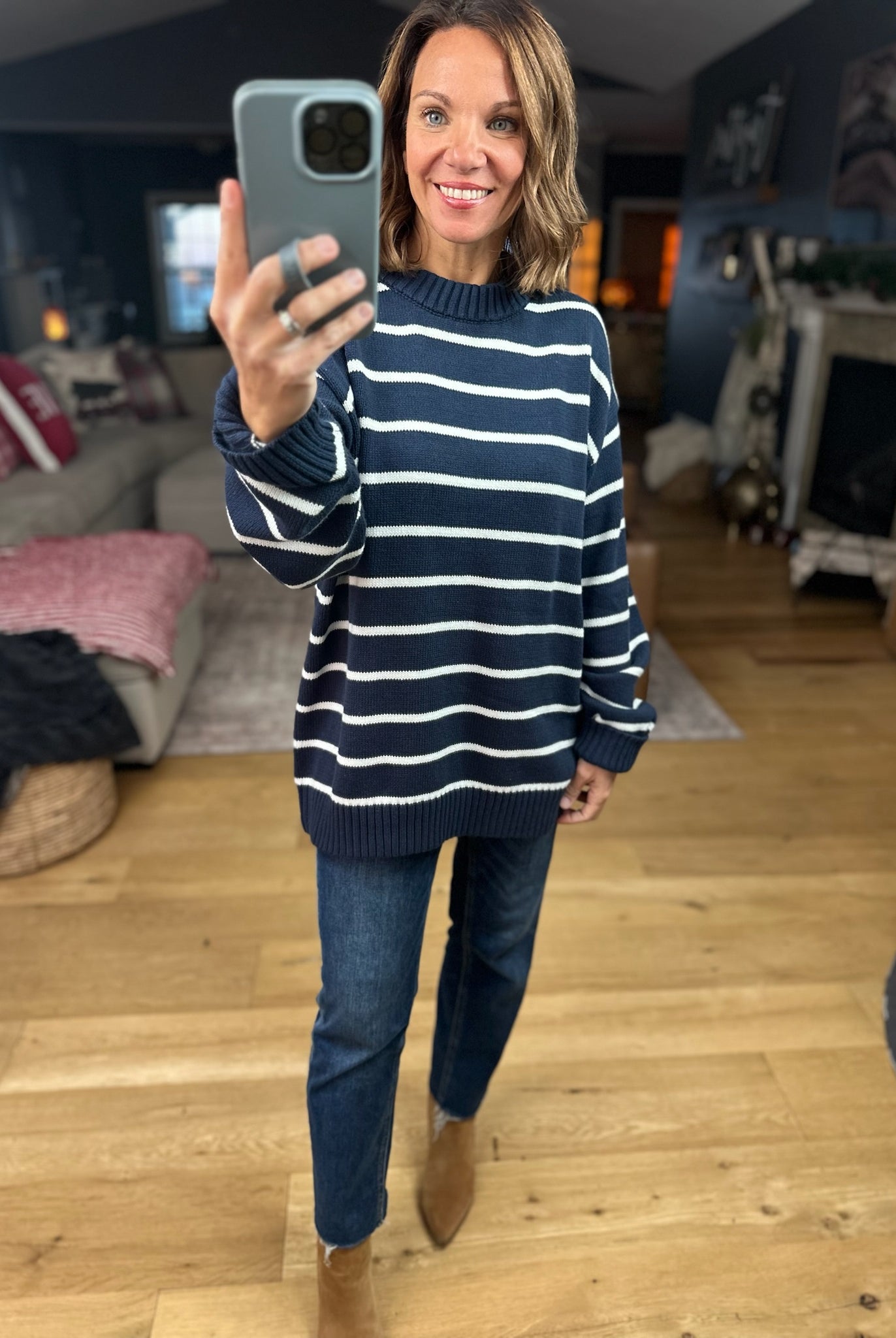 In The Right Place Striped Sweater - Navy-Sweaters-Wishlist-Anna Kaytes Boutique, Women's Fashion Boutique in Grinnell, Iowa