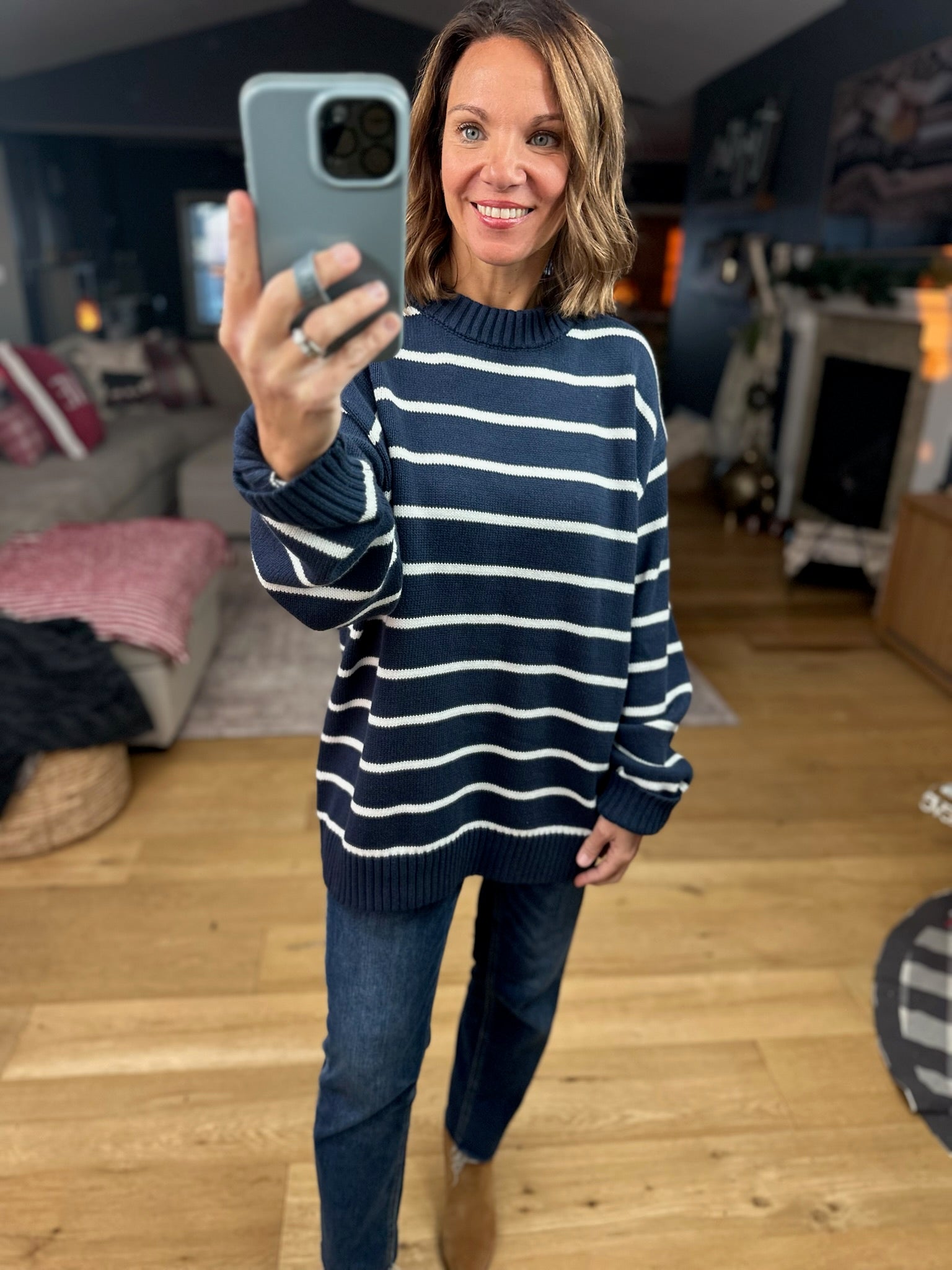 In The Right Place Striped Sweater - Navy-Sweaters-Wishlist-Anna Kaytes Boutique, Women's Fashion Boutique in Grinnell, Iowa