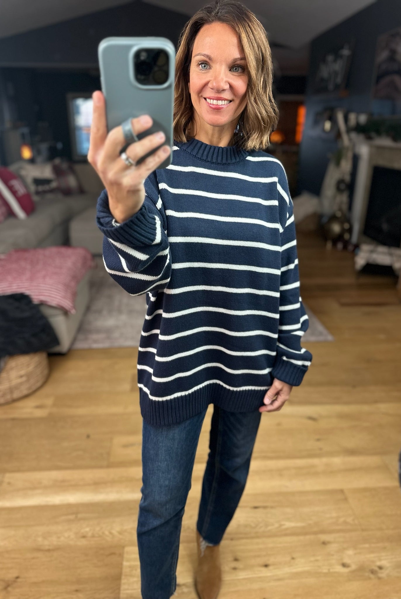 In The Right Place Striped Sweater - Navy-Sweaters-Wishlist-Anna Kaytes Boutique, Women's Fashion Boutique in Grinnell, Iowa