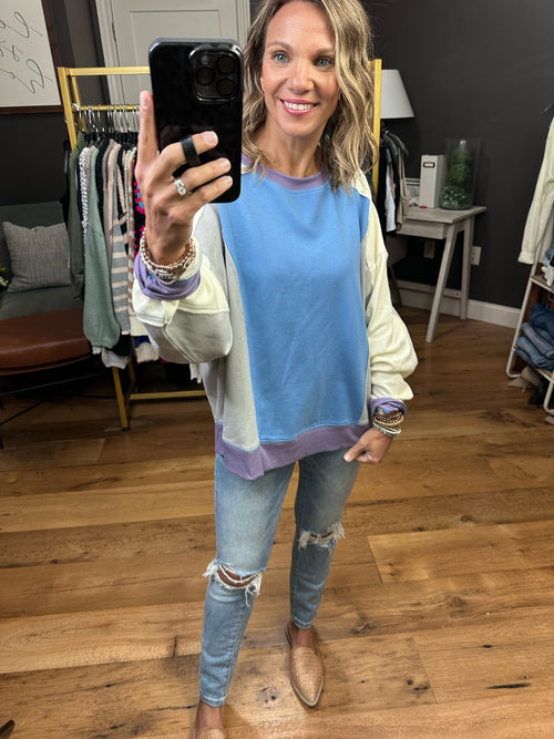In The End Colorblock Boyfriend Fit Crew - Blue/Grey-Easel ET70108-Anna Kaytes Boutique, Women's Fashion Boutique in Grinnell, Iowa