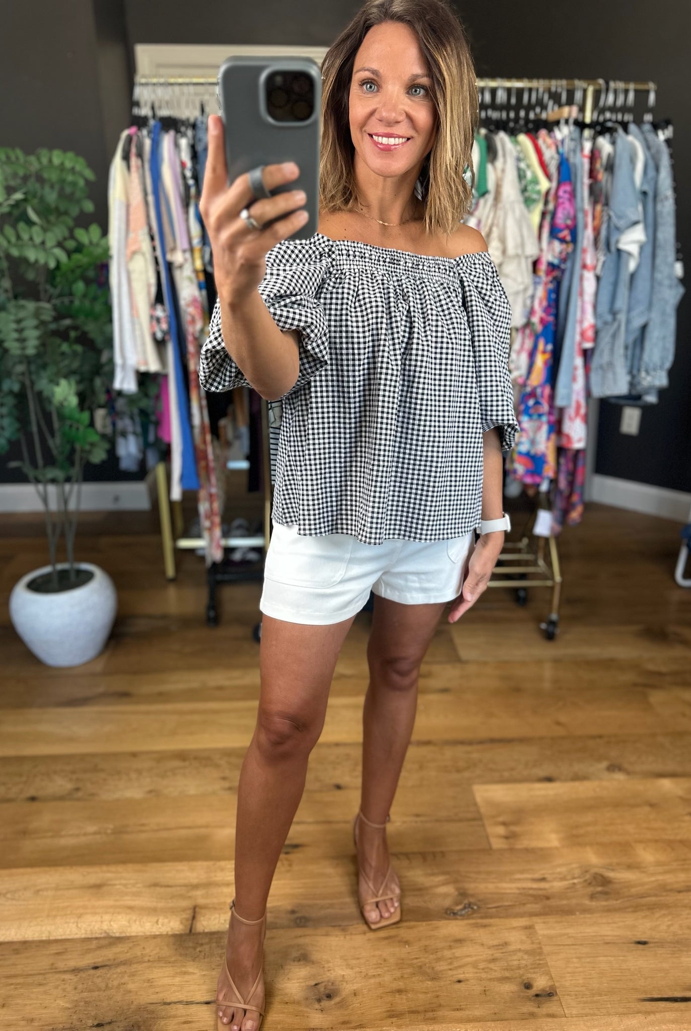 Gigi Off-Shoulder Gingham Top-Sleeveless-Vine & Love-Anna Kaytes Boutique, Women's Fashion Boutique in Grinnell, Iowa