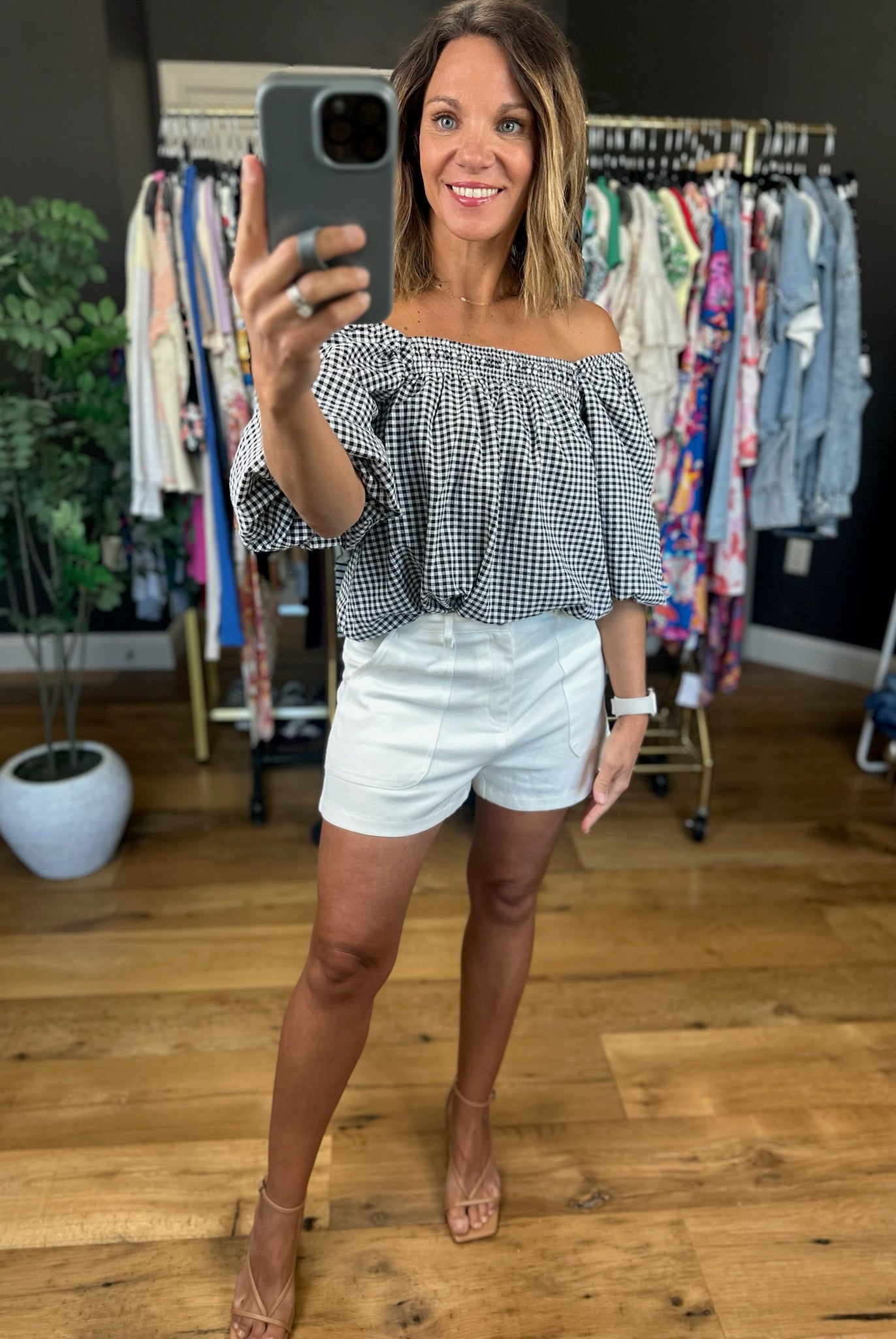 Gigi Off-Shoulder Gingham Top-Sleeveless-Vine & Love-Anna Kaytes Boutique, Women's Fashion Boutique in Grinnell, Iowa