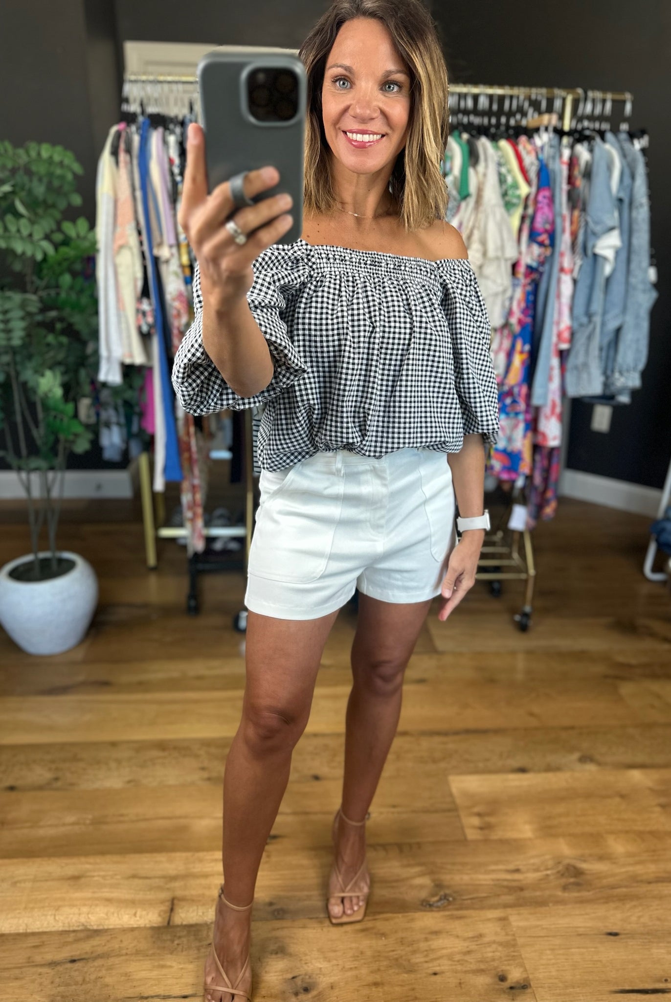 Gigi Off-Shoulder Gingham Top-Sleeveless-Vine & Love-Anna Kaytes Boutique, Women's Fashion Boutique in Grinnell, Iowa