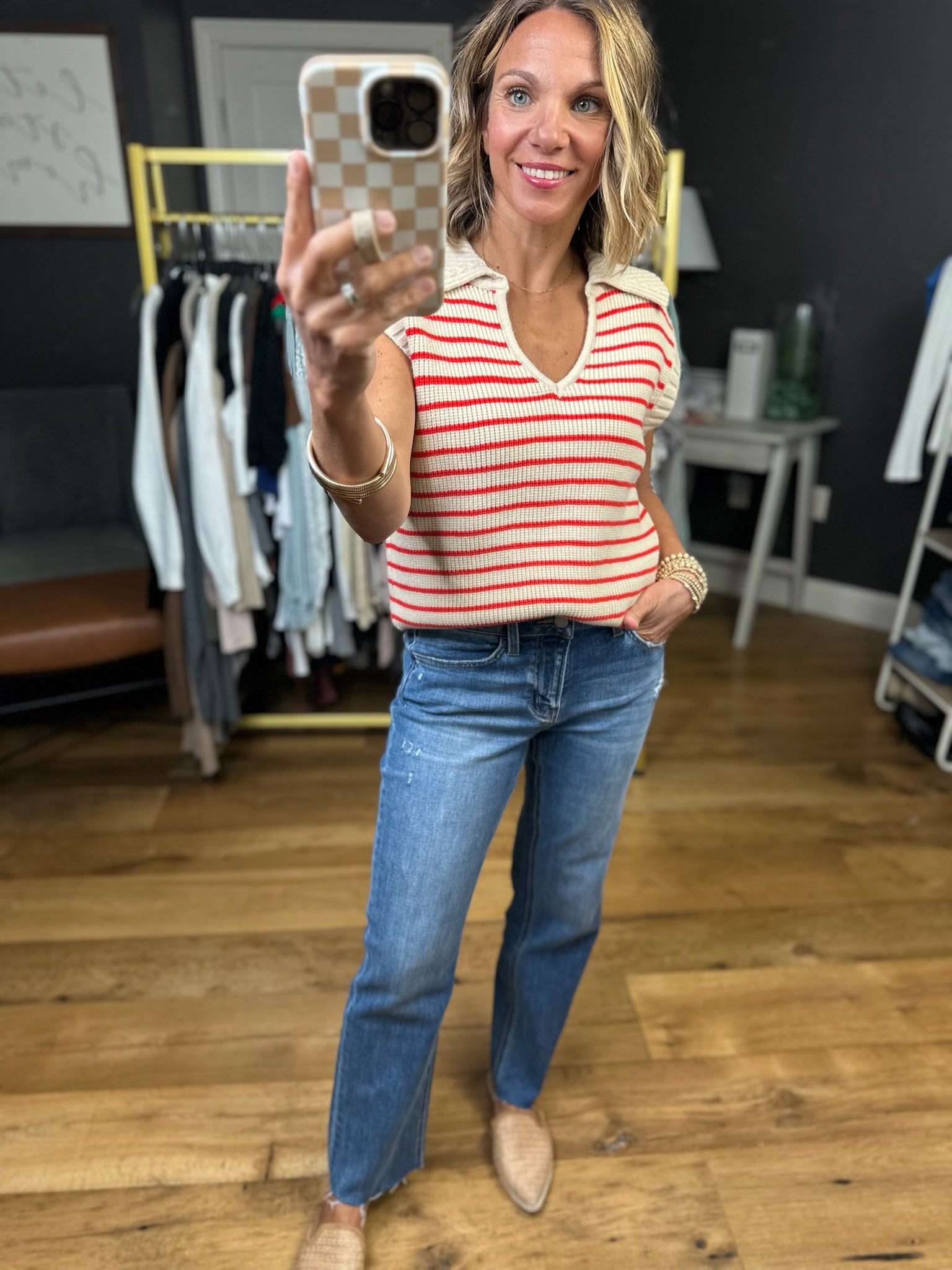 This Opportunity Collared Knit - Taupe/Red-Wishlist-Anna Kaytes Boutique, Women's Fashion Boutique in Grinnell, Iowa