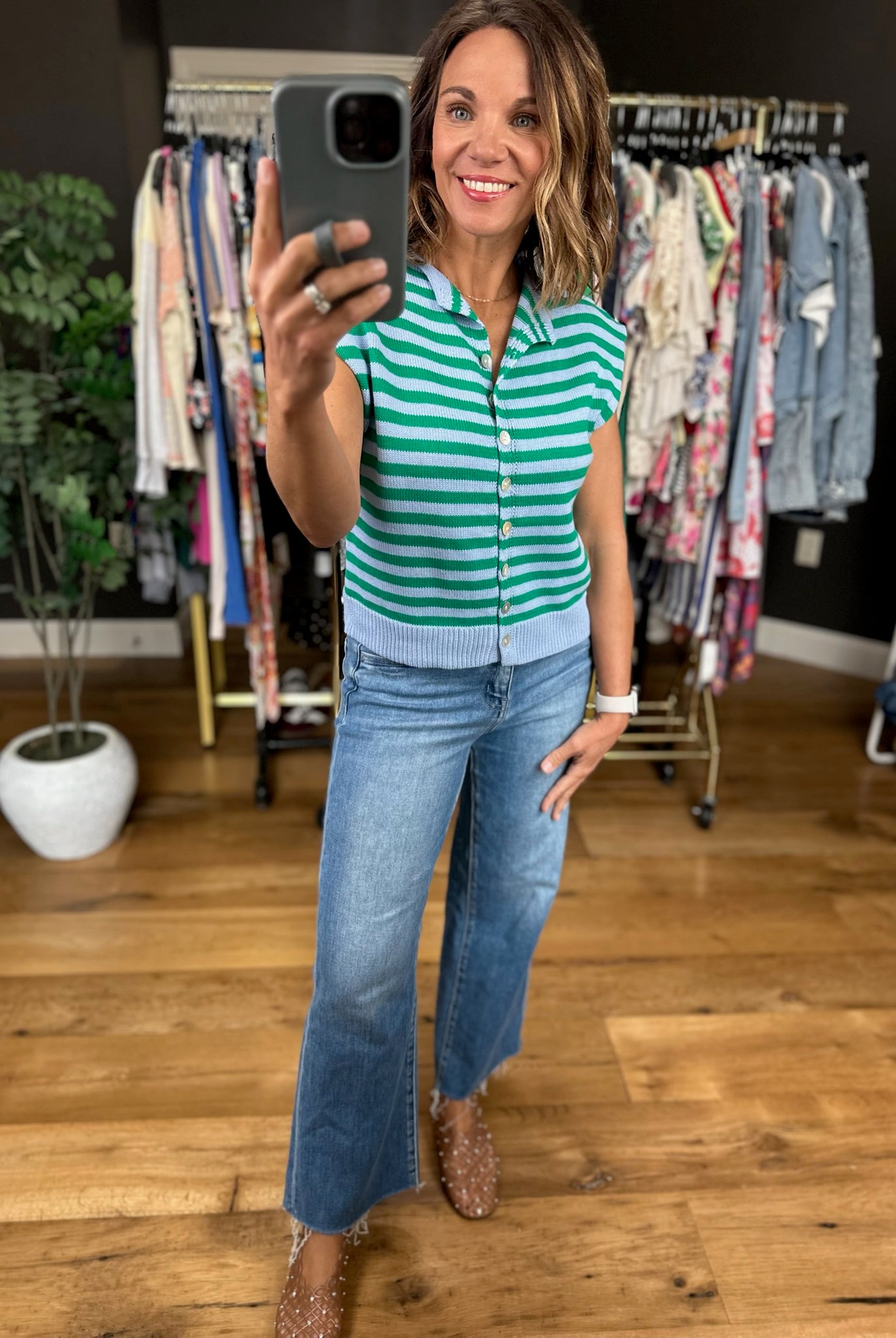 Happy Things Striped Sleeveless Cardigan-Sweaters-Entro-Anna Kaytes Boutique, Women's Fashion Boutique in Grinnell, Iowa